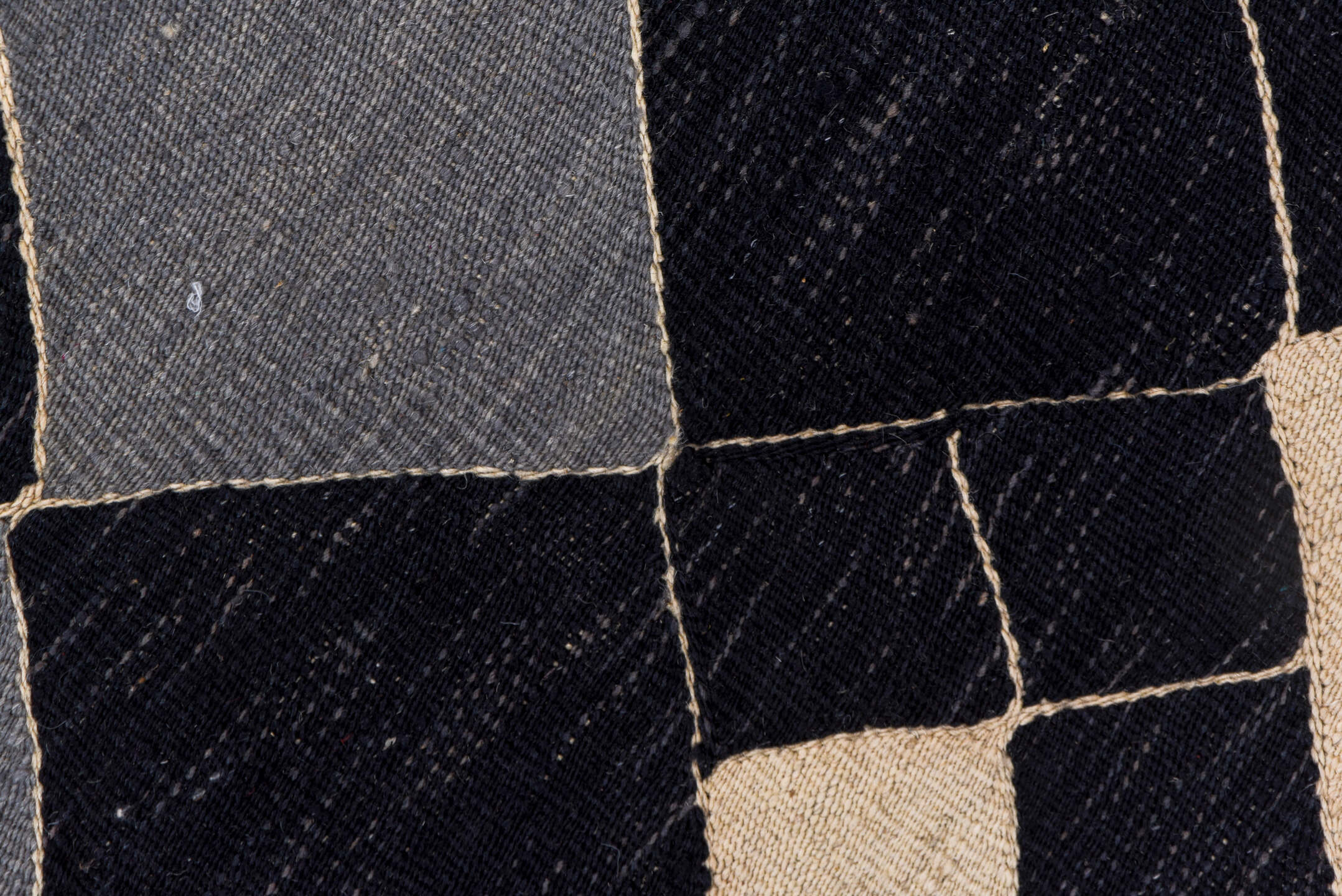 7' x 9' one-of-a-kind handmade vintage Kilim rug. Color palette: black, blue, brown, gray, light gray, off-white