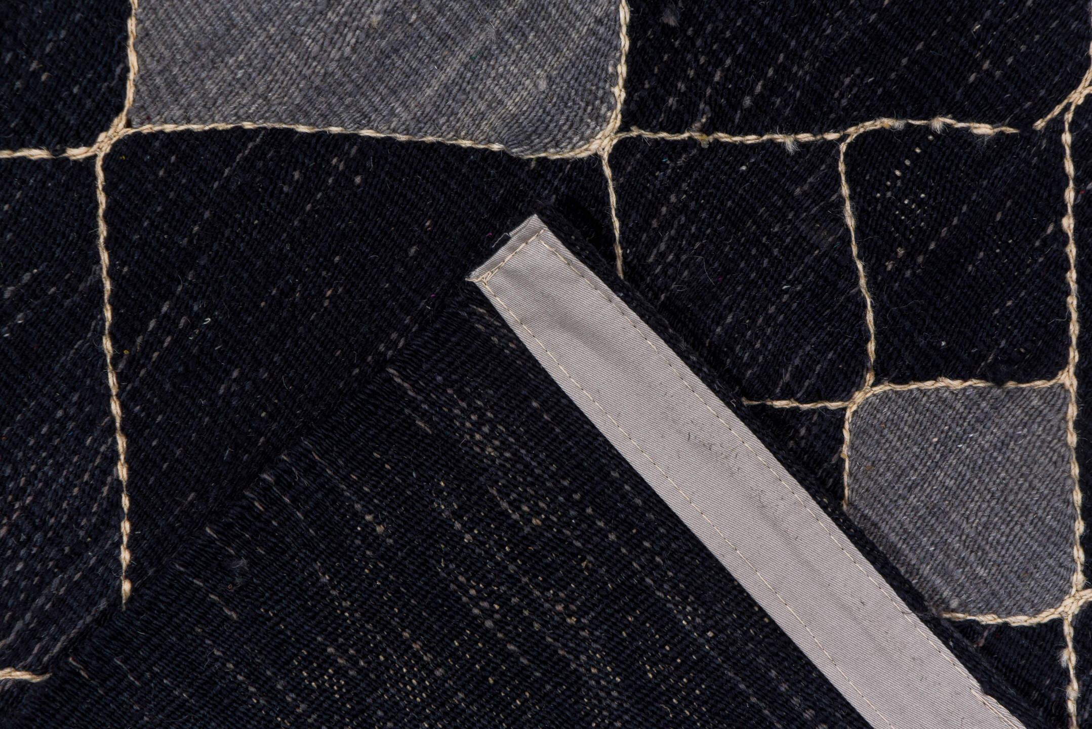 7' x 9' one-of-a-kind handmade vintage Kilim rug. Color palette: black, blue, brown, gray, light gray, off-white