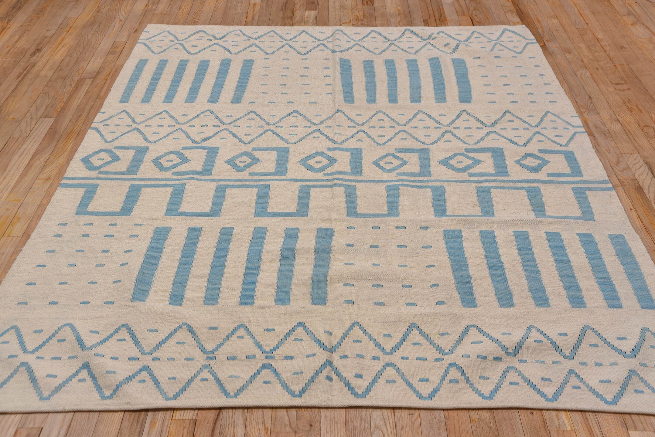 6' x 7' one-of-a-kind handmade vintage Kilim rug. Color palette: ivory, sky blue, light blue