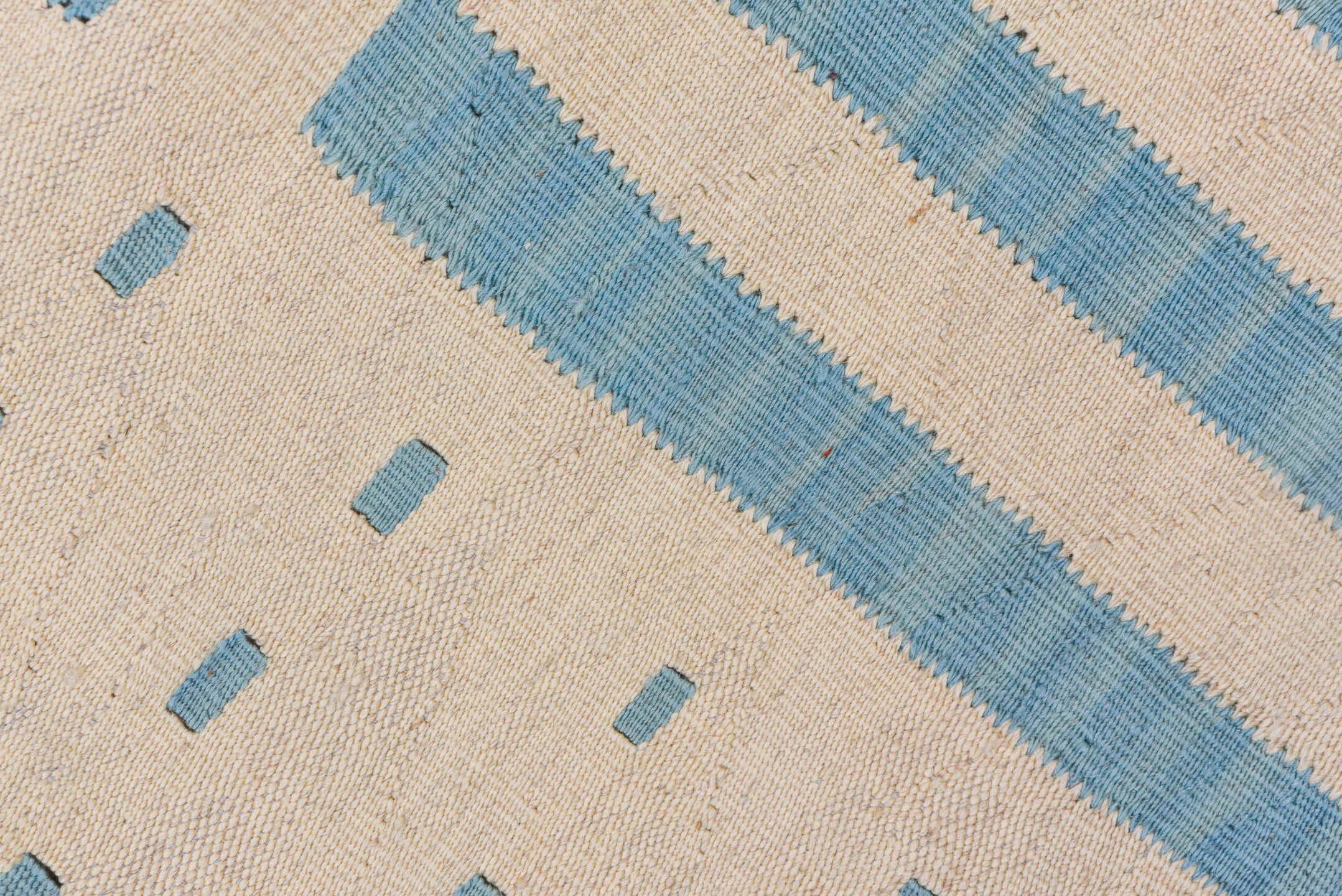 6' x 7' one-of-a-kind handmade vintage Kilim rug. Color palette: ivory, sky blue, light blue