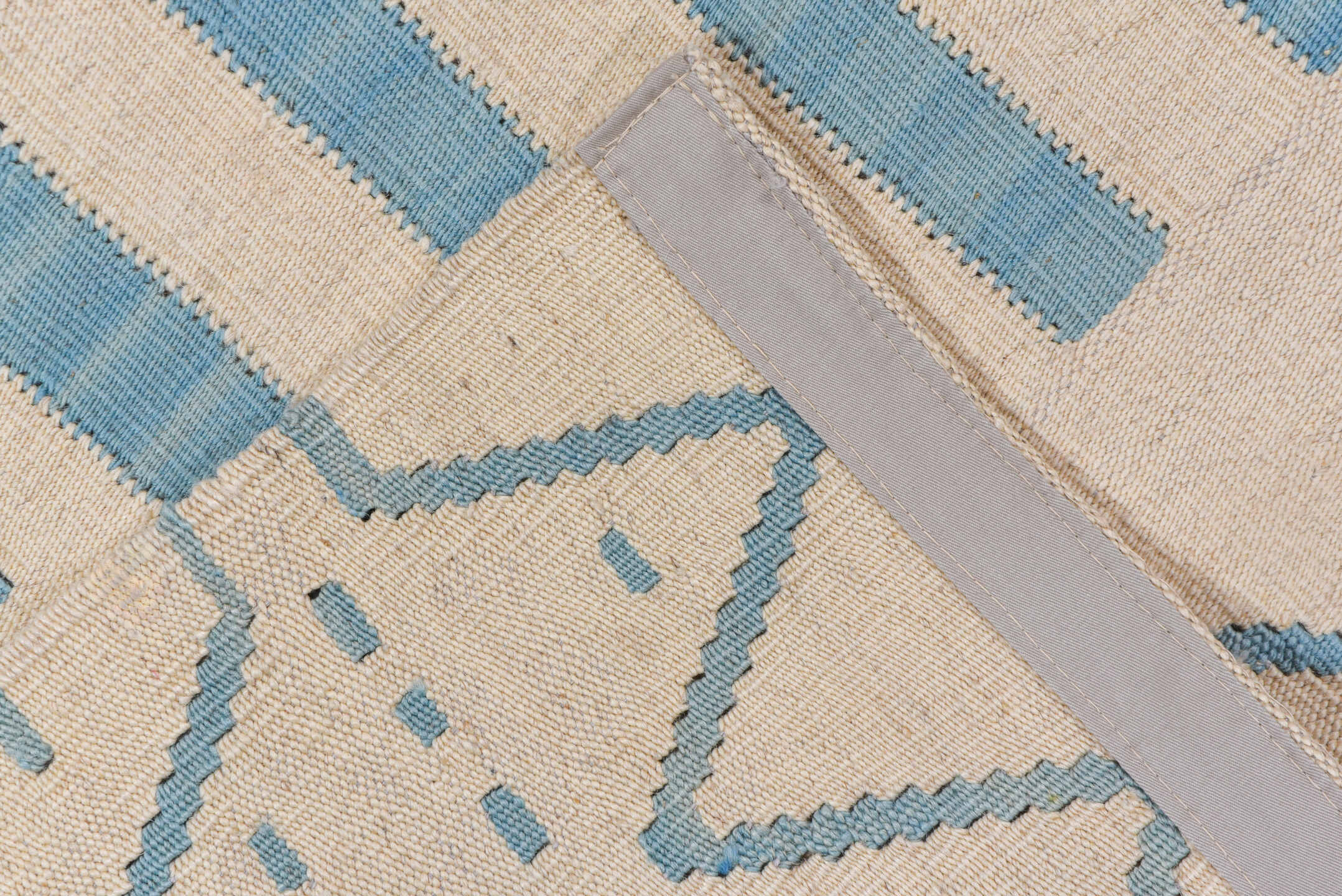 6' x 7' one-of-a-kind handmade vintage Kilim rug. Color palette: ivory, sky blue, light blue