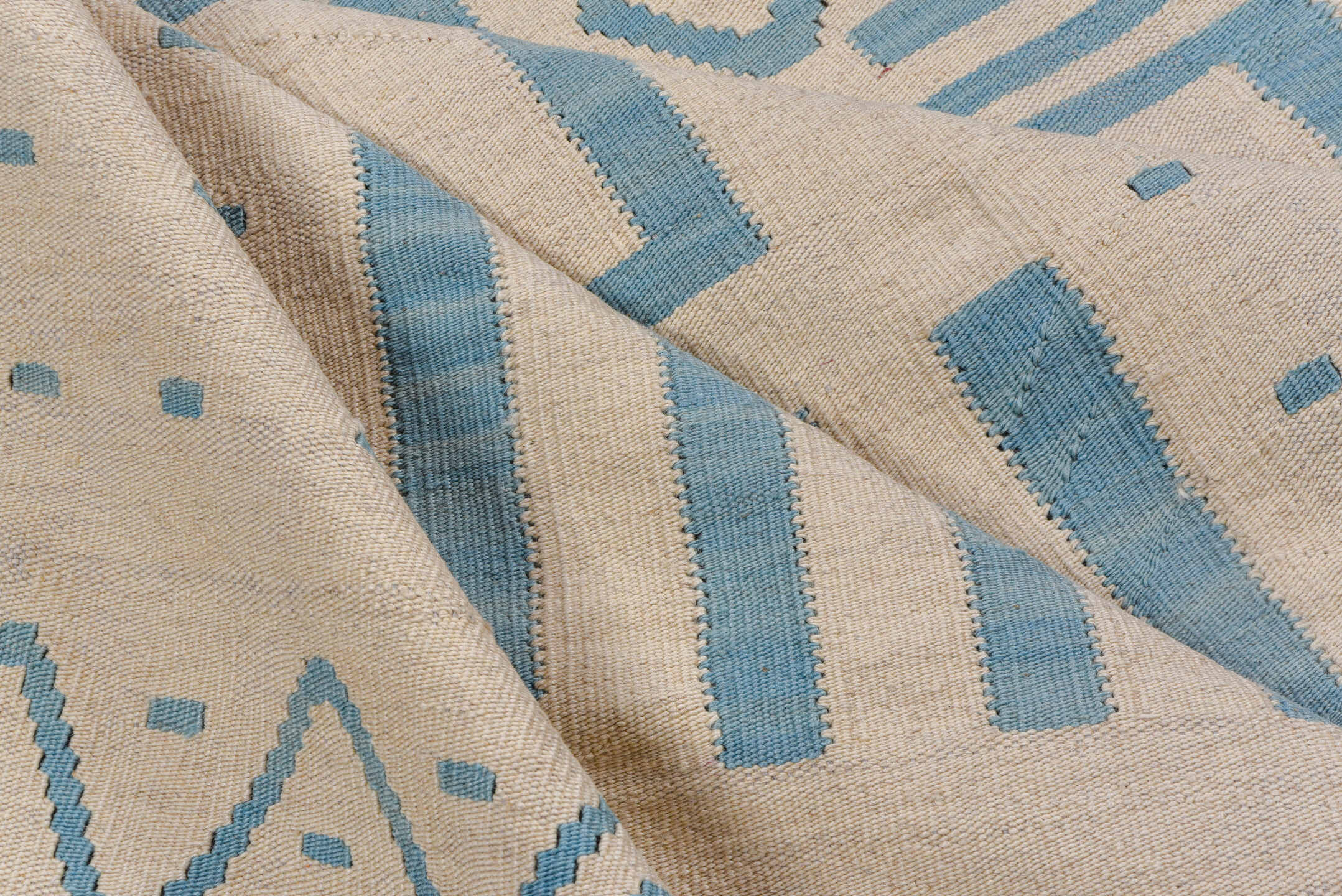 6' x 7' one-of-a-kind handmade vintage Kilim rug. Color palette: ivory, sky blue, light blue