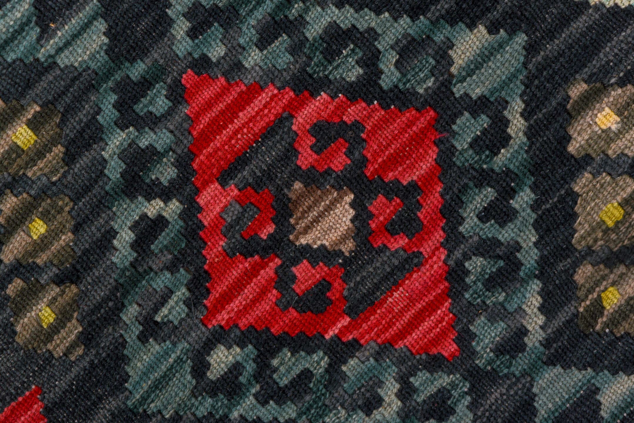 2' x 8' one-of-a-kind handmade vintage Kilim runner rug. Color palette: charcoal, teal, crimson, saffron, ivory, pink, taupe
