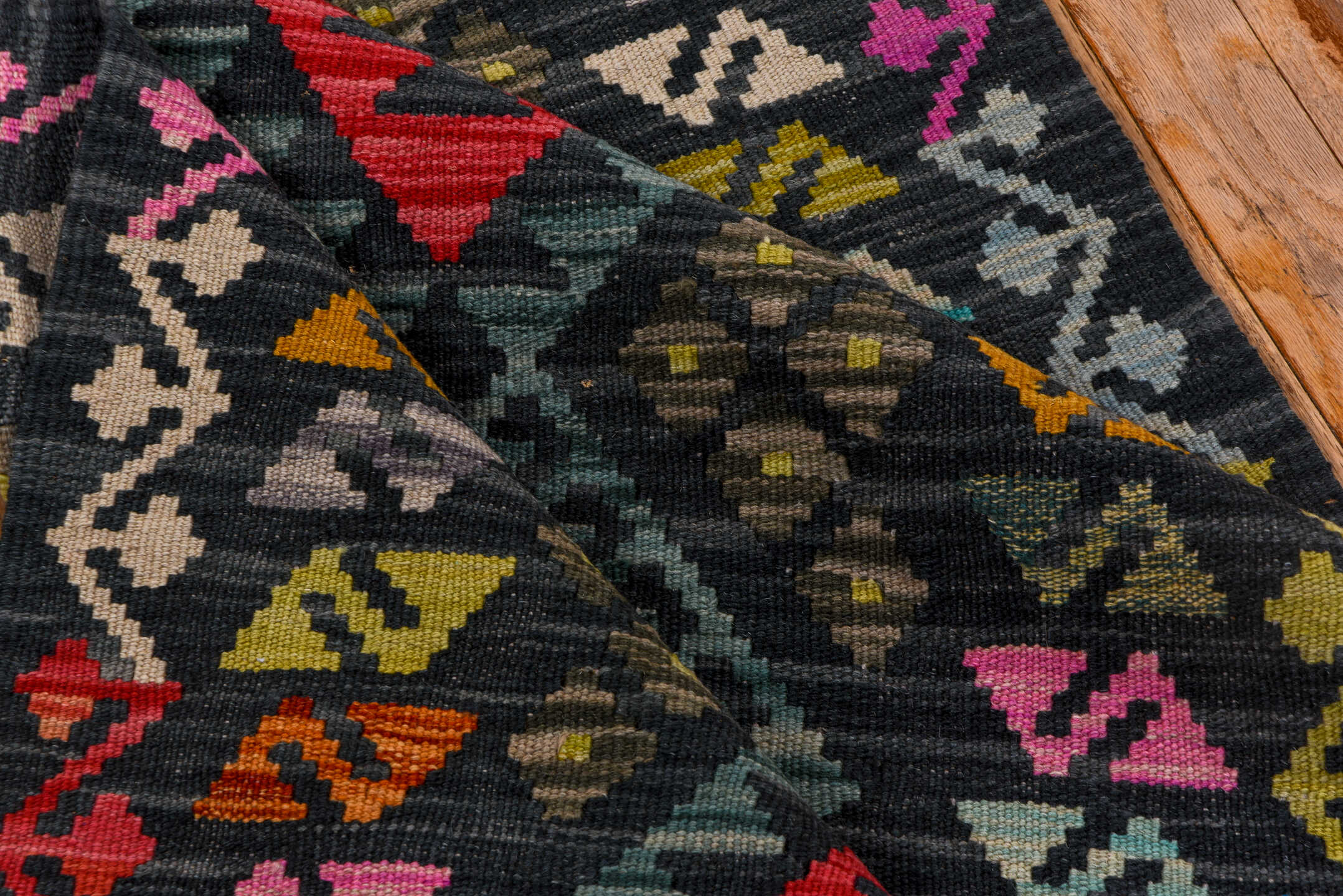 2' x 8' one-of-a-kind handmade vintage Kilim runner rug. Color palette: charcoal, teal, crimson, saffron, ivory, pink, taupe