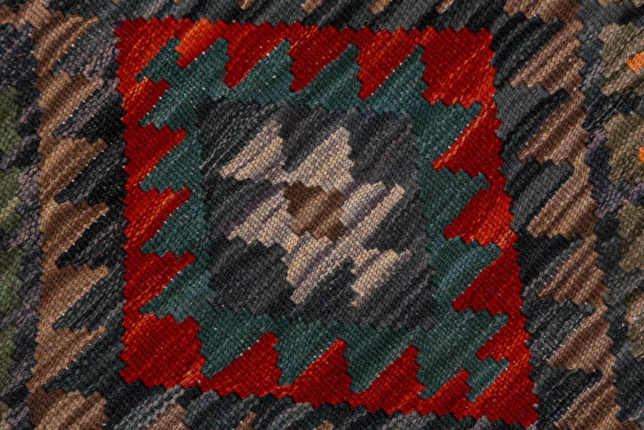 2' x 9' one-of-a-kind handmade vintage Kilim runner rug. Color palette: charcoal, crimson, taupe, sky_blue, ivory, blush