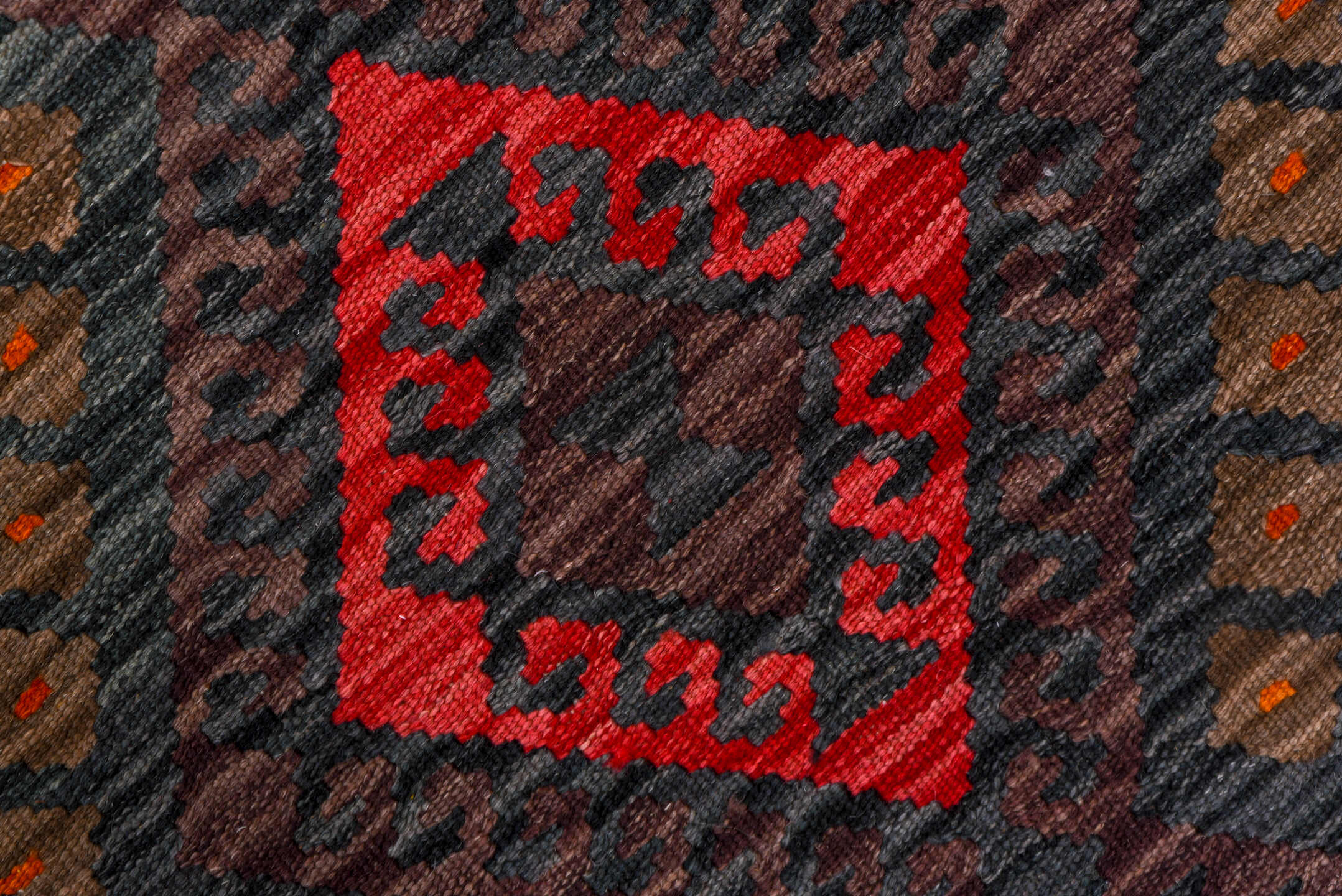 2' x 9' one-of-a-kind handmade vintage Kilim runner rug. Color palette: charcoal, crimson, rust, turquoise, ivory, gold