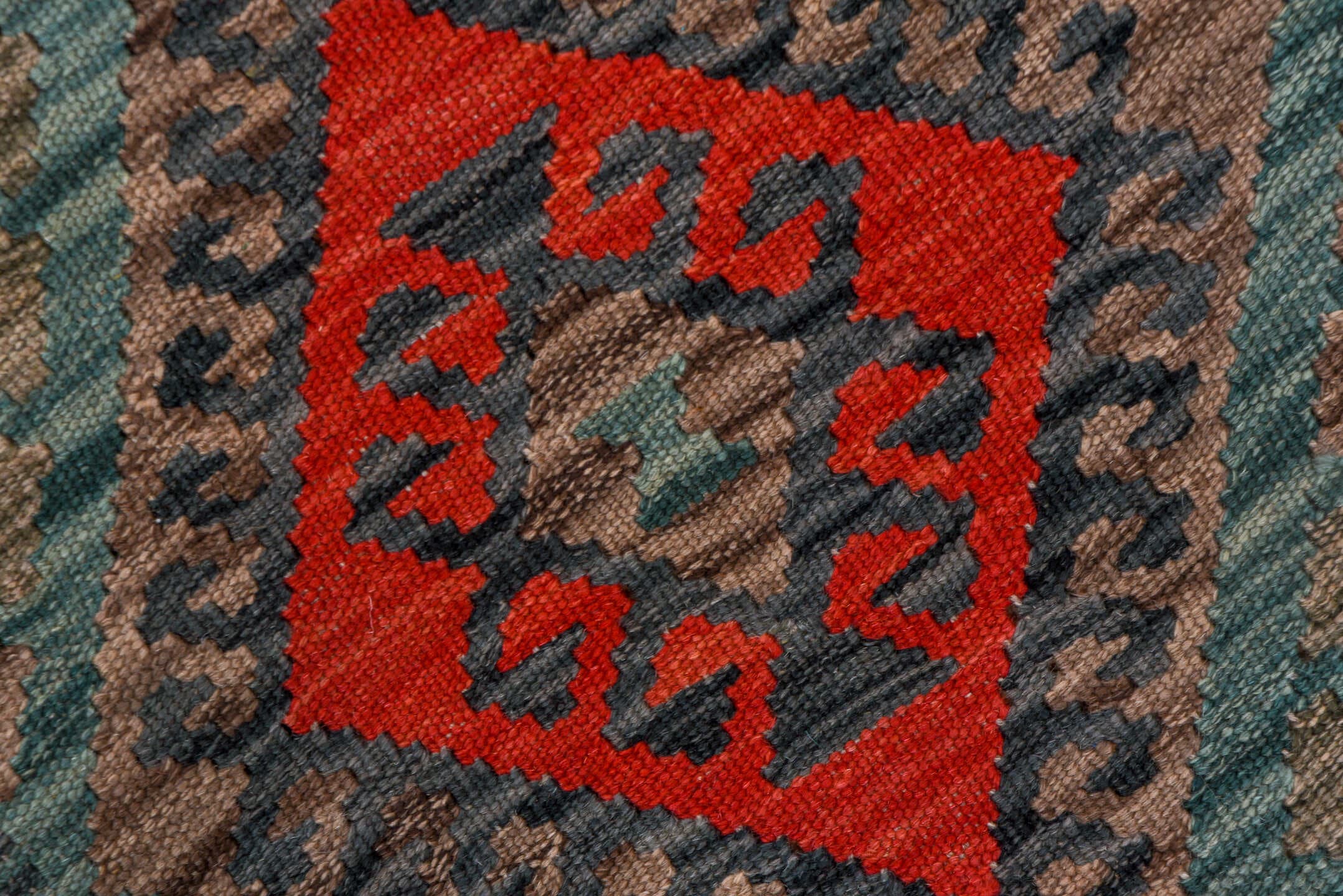 2' x 9' one-of-a-kind handmade vintage Kilim runner rug. Color palette: teal, charcoal, crimson, cobalt, taupe, lavender