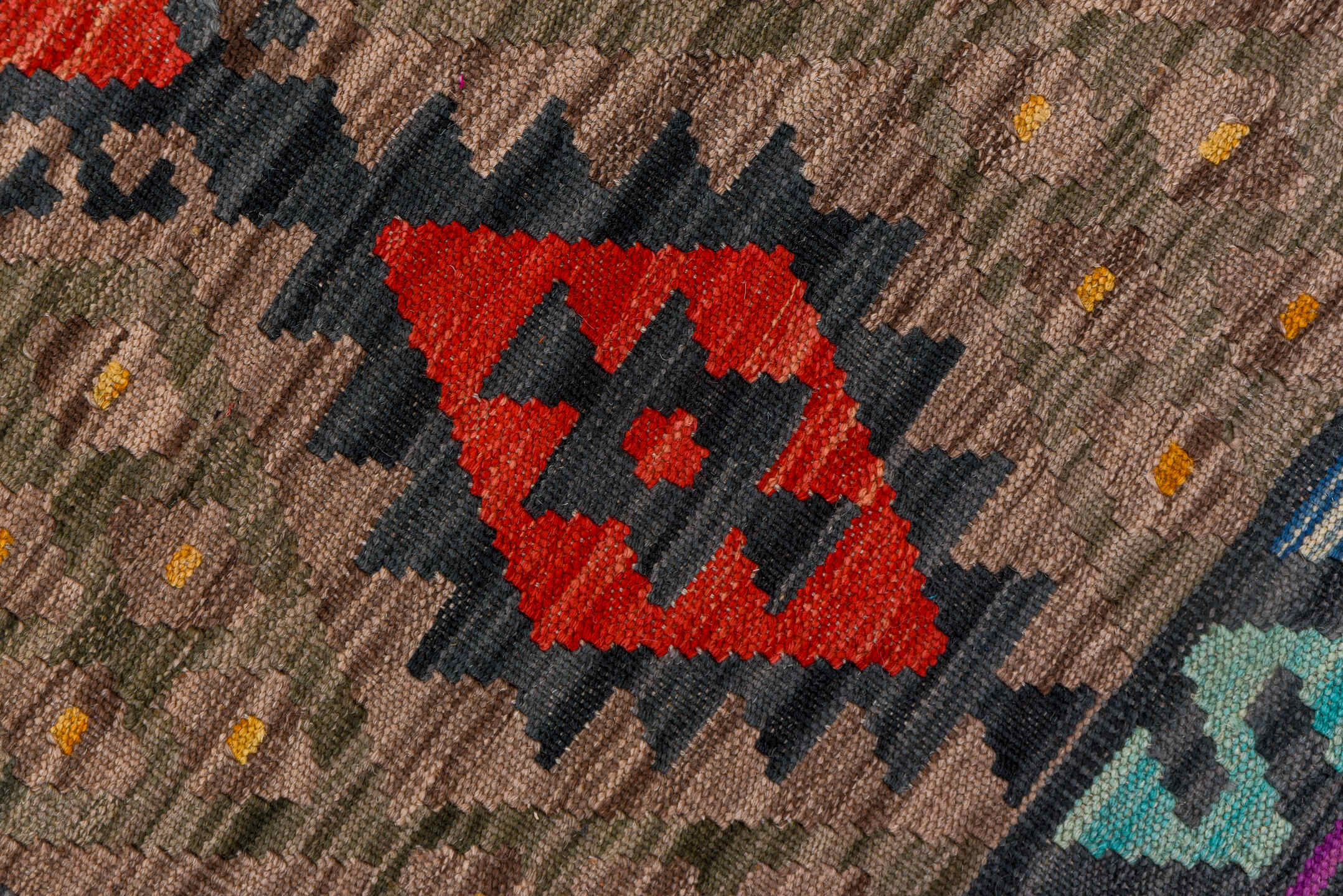 5' x 6' one-of-a-kind handmade vintage Kilim rug. Color palette: taupe, charcoal, crimson, turquoise, gold, ivory, pink