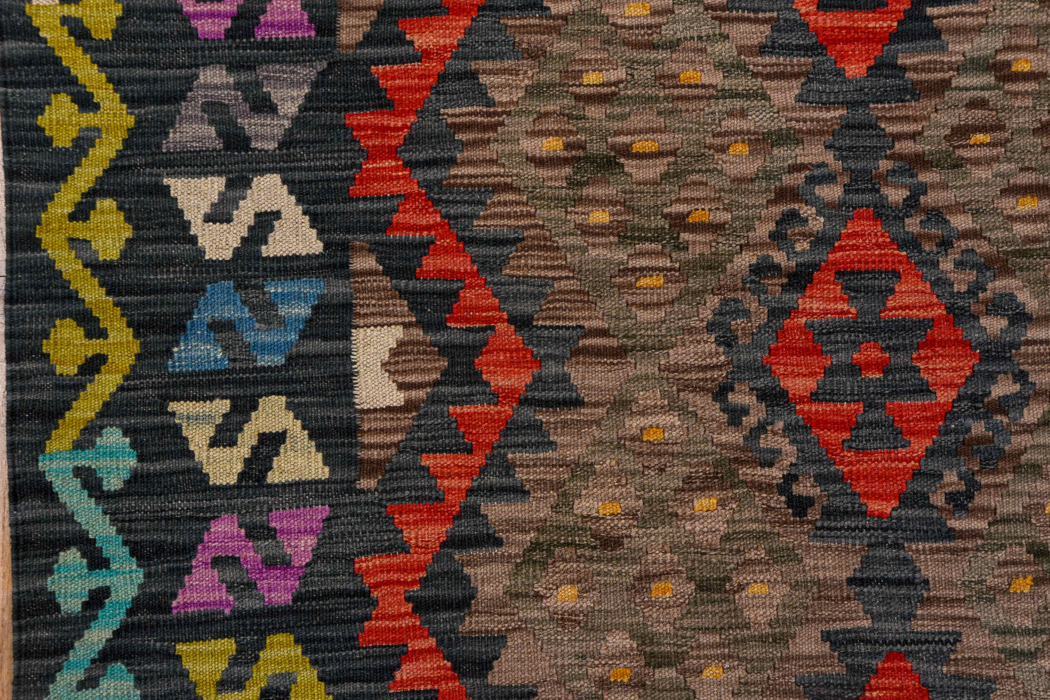 5' x 6' one-of-a-kind handmade vintage Kilim rug. Color palette: taupe, charcoal, crimson, turquoise, gold, ivory, pink