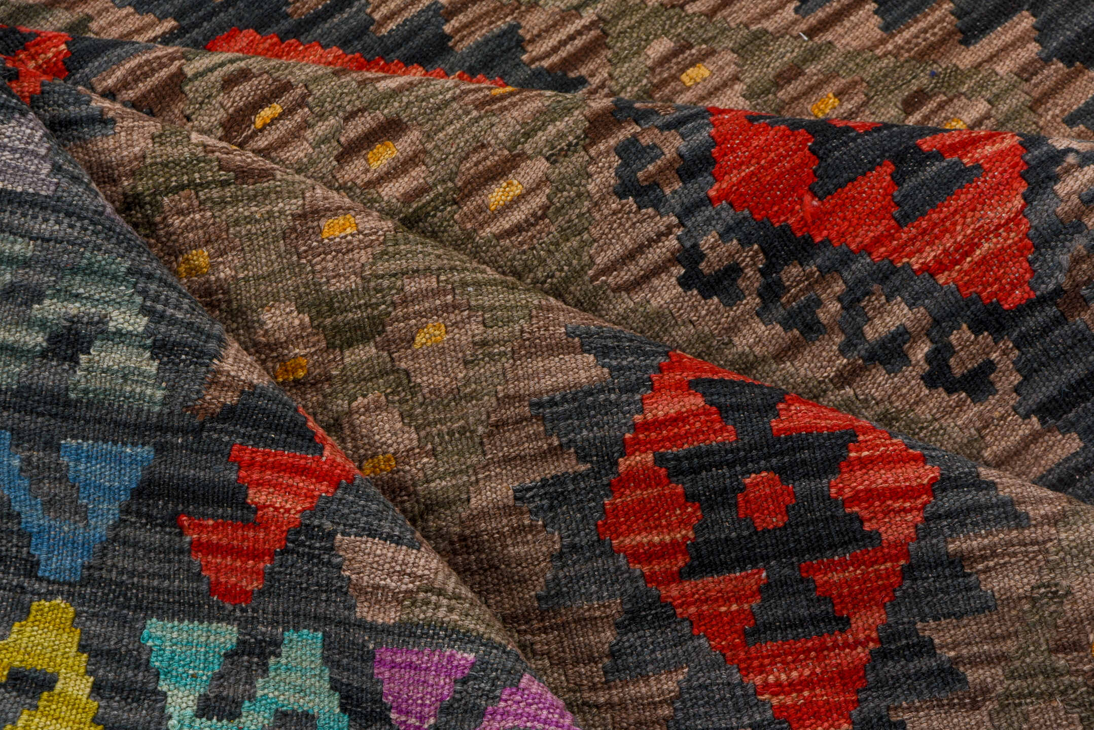 5' x 6' one-of-a-kind handmade vintage Kilim rug. Color palette: taupe, charcoal, crimson, turquoise, gold, ivory, pink
