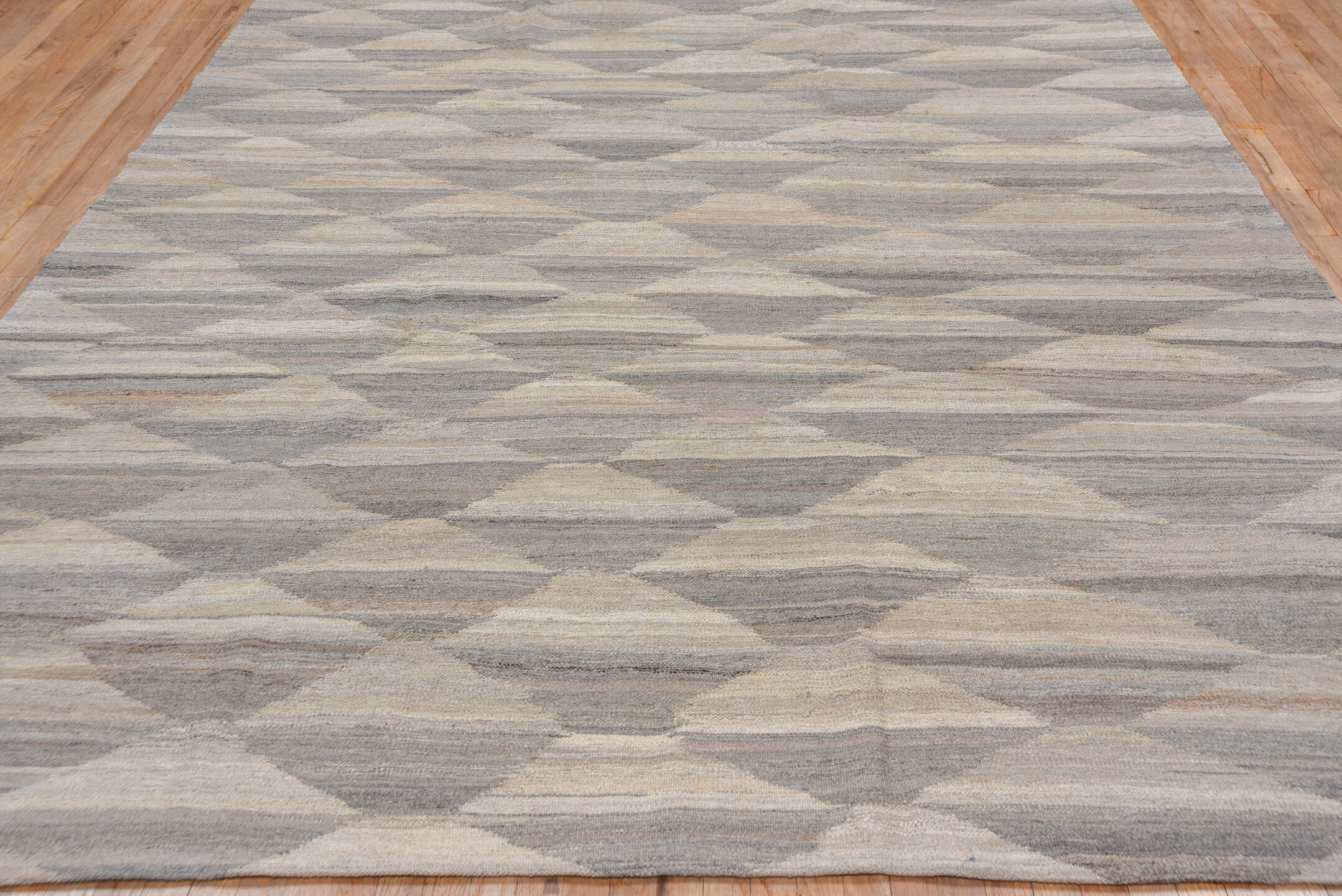 8' x 11' one-of-a-kind handmade vintage Kilim large size rug. Color palette: dark gray, gray, light gray, off-white, pink