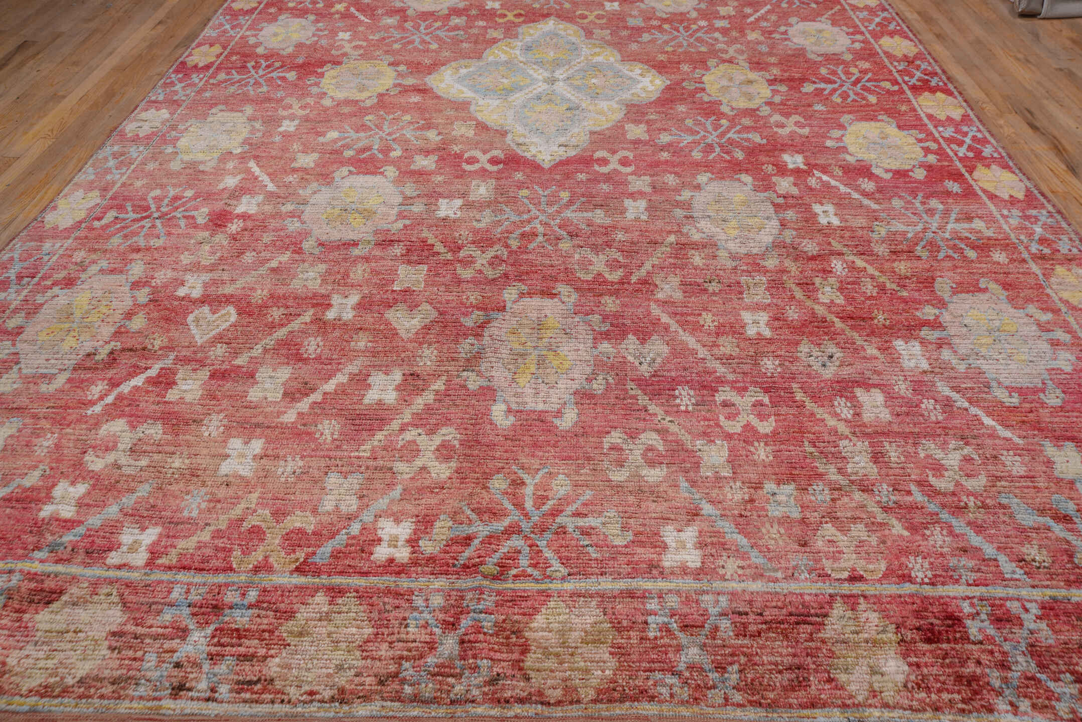 10' x 16' one-of-a-kind handmade vintage Oushak rug. Color palette: coral, ivory, pale blue, gold, salmon, beige, terracotta