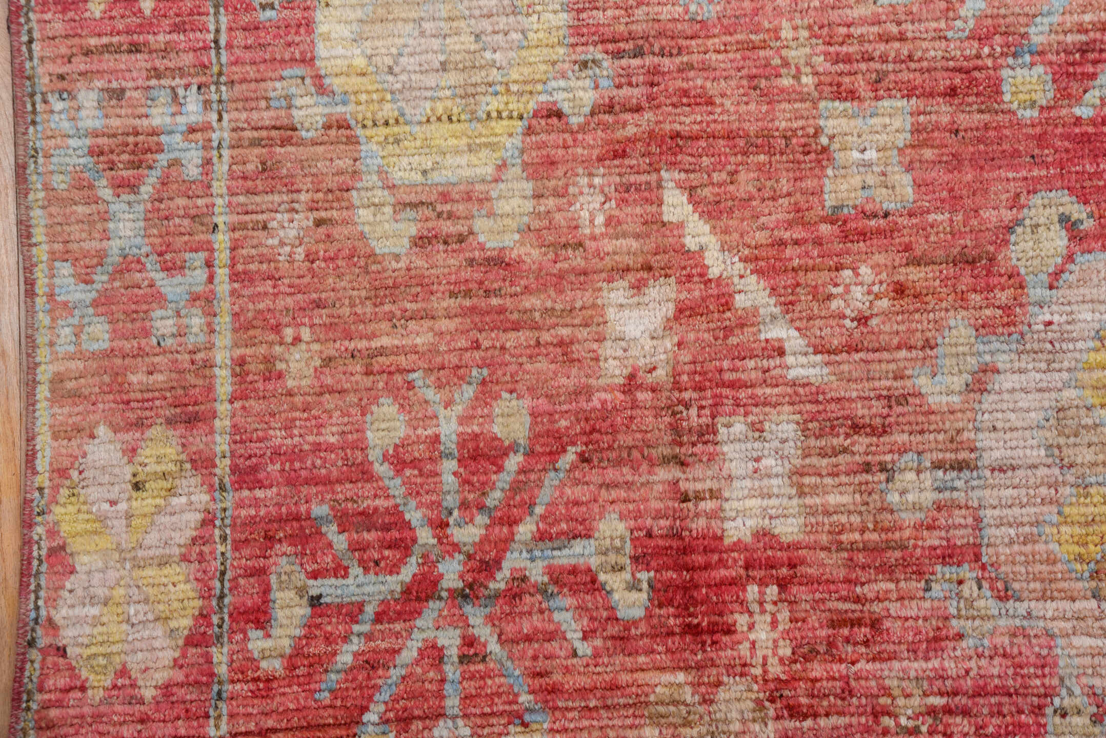 10' x 16' one-of-a-kind handmade vintage Oushak rug. Color palette: coral, ivory, pale blue, gold, salmon, beige, terracotta