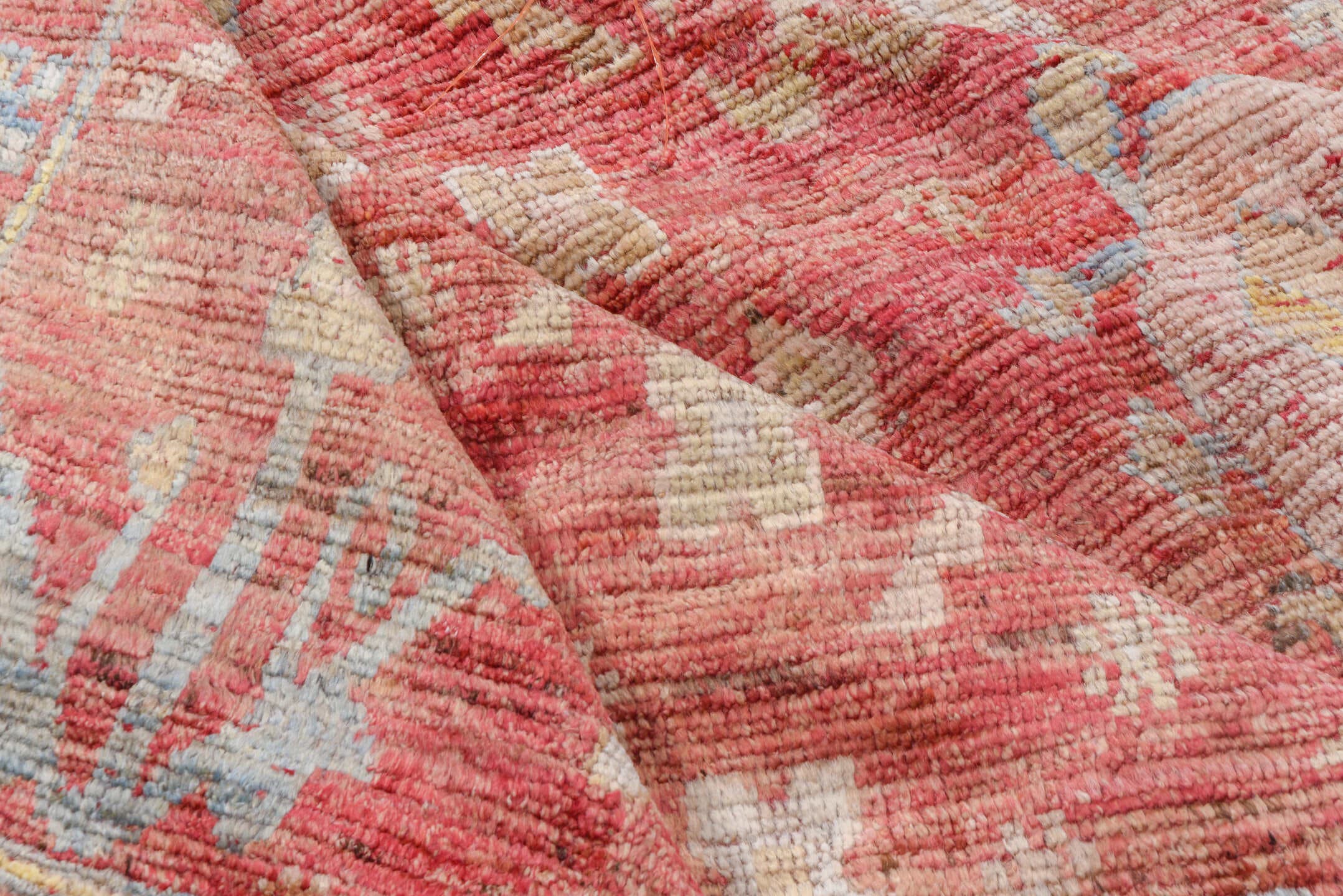 10' x 16' one-of-a-kind handmade vintage Oushak rug. Color palette: coral, ivory, pale blue, gold, salmon, beige, terracotta