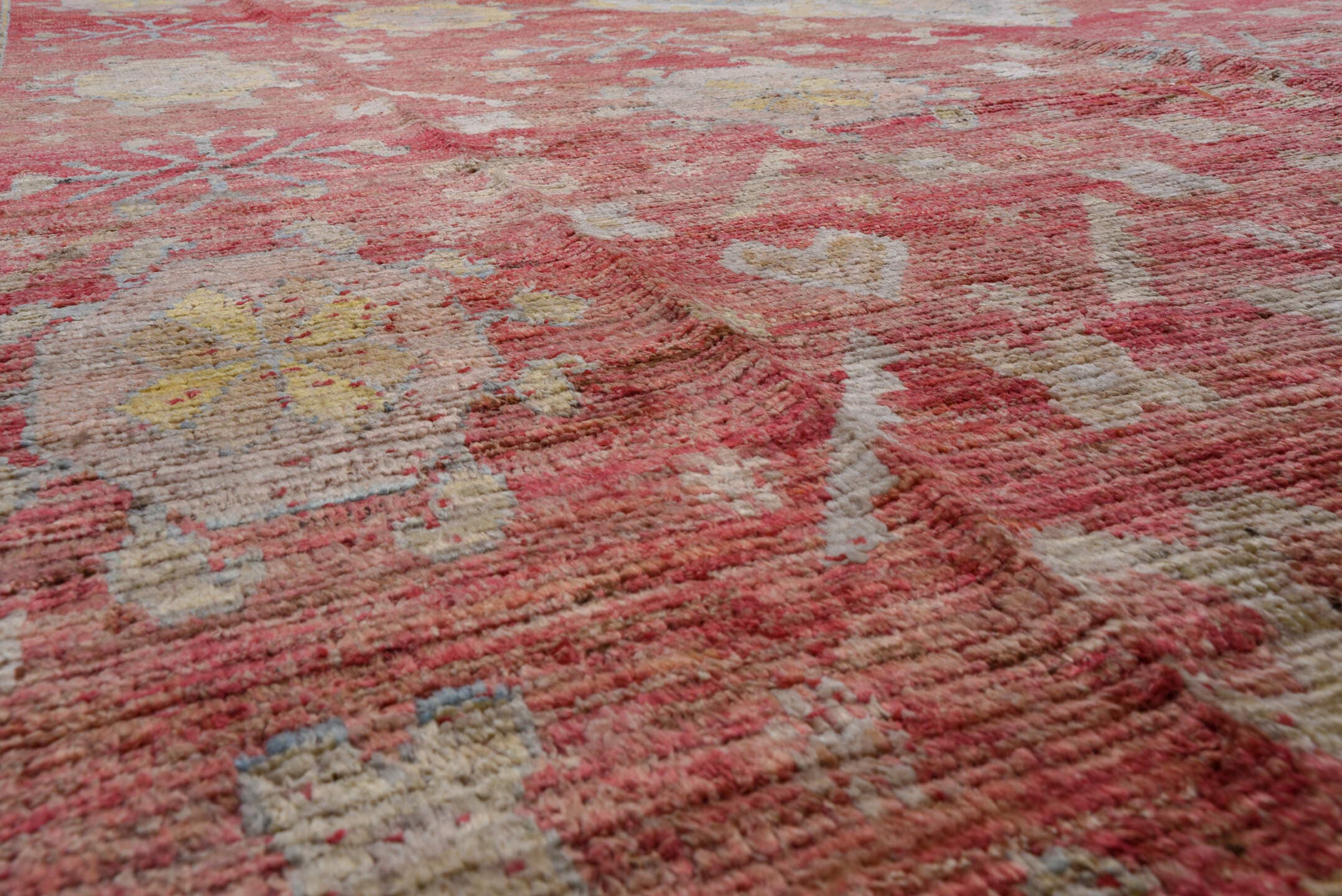 10' x 16' one-of-a-kind handmade vintage Oushak rug. Color palette: coral, ivory, pale blue, gold, salmon, beige, terracotta