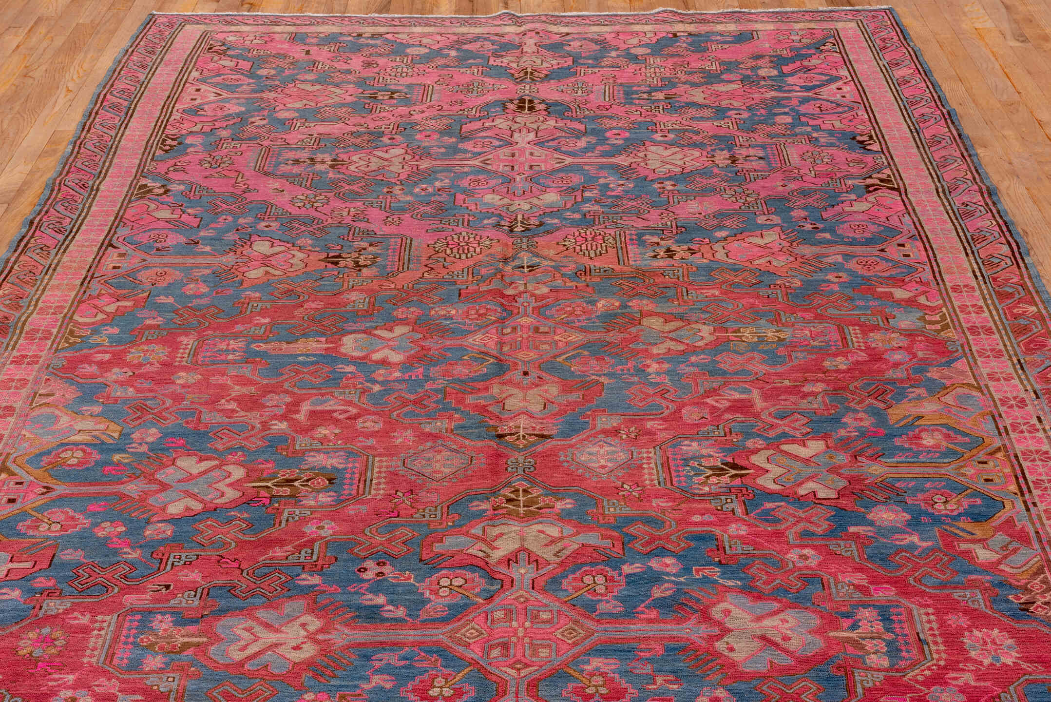 6' x 11' one-of-a-kind handmade vintage Sumak large size rug. Color palette: blue, brown, gray, pink, red, redwood