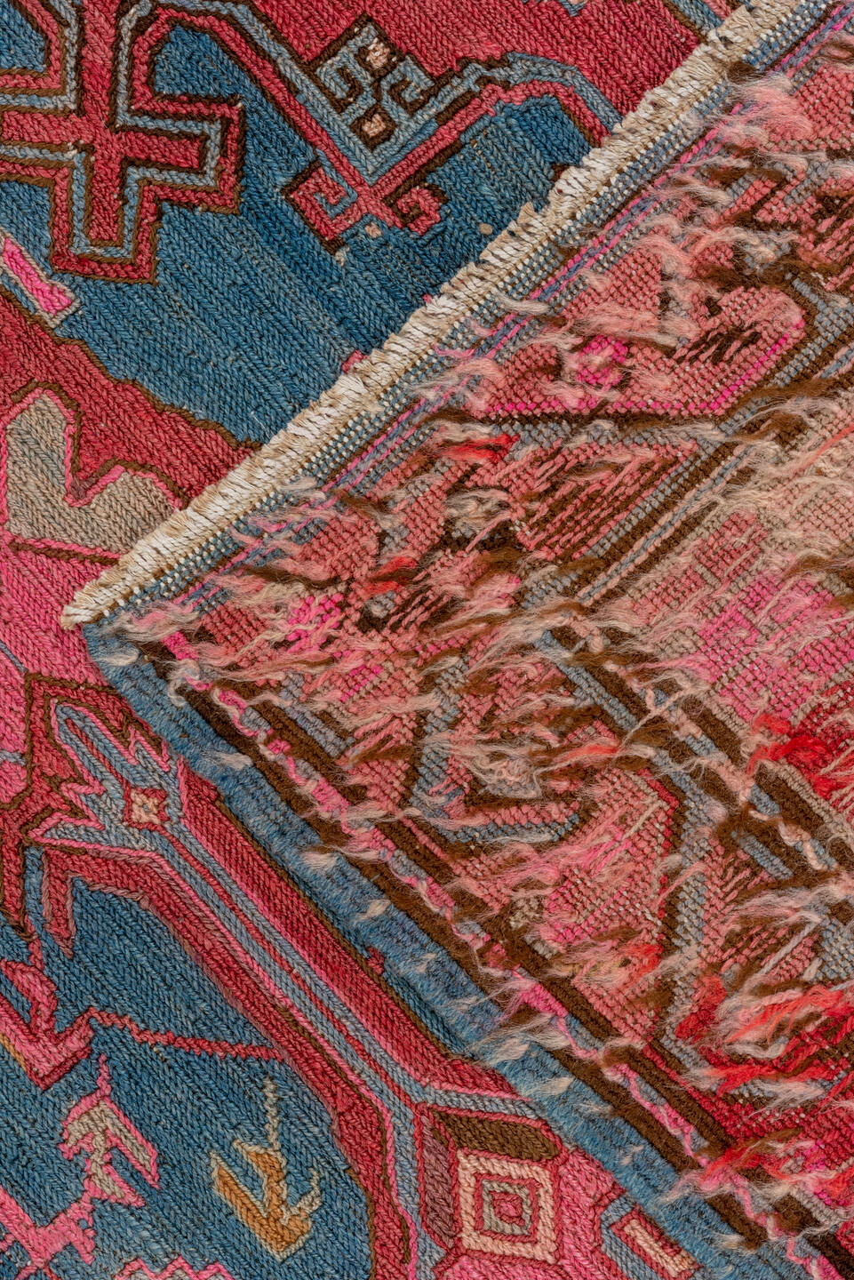 6' x 11' one-of-a-kind handmade vintage Sumak large size rug. Color palette: blue, brown, gray, pink, red, redwood