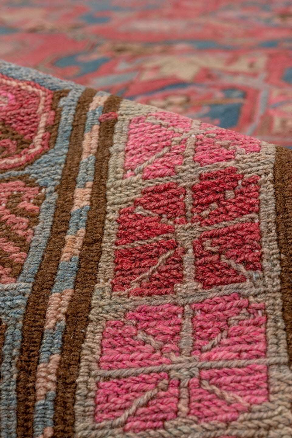 6' x 11' one-of-a-kind handmade vintage Sumak large size rug. Color palette: blue, brown, gray, pink, red, redwood