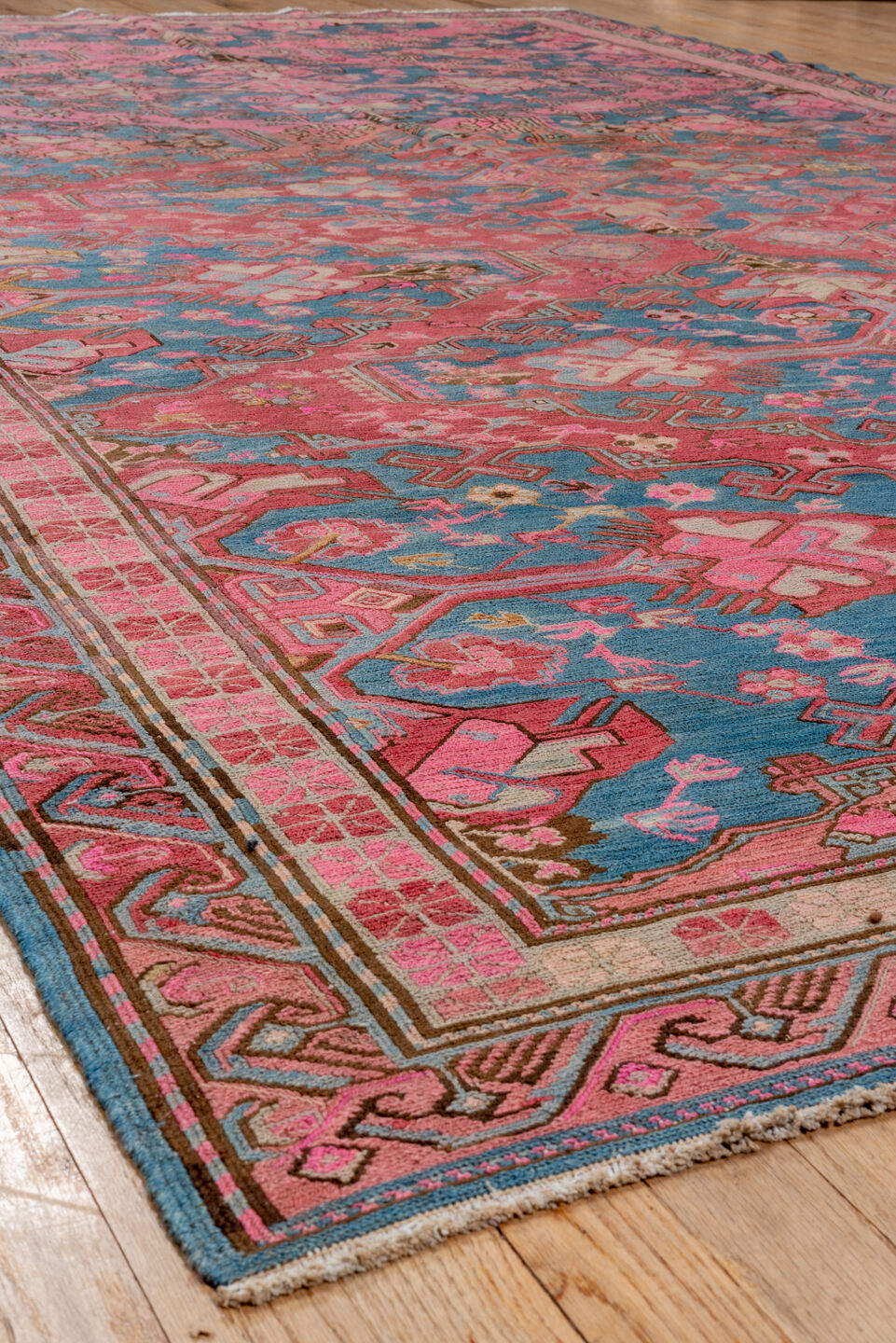6' x 11' one-of-a-kind handmade vintage Sumak large size rug. Color palette: blue, brown, gray, pink, red, redwood
