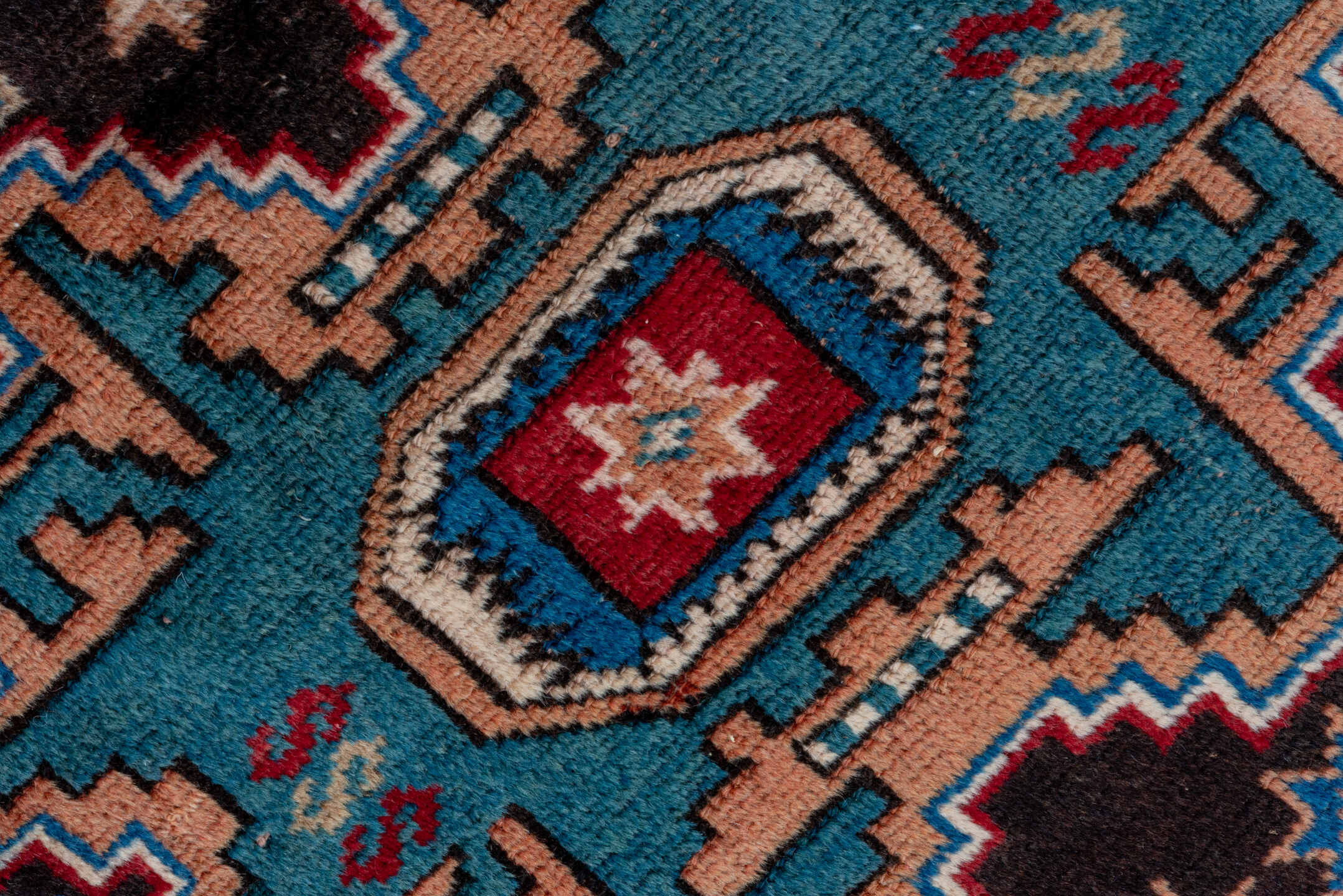 3' x 5' one-of-a-kind handmade antique Caucasian small size rug. Color palette: ivory, brown, sky blue, crimson, navy, rose