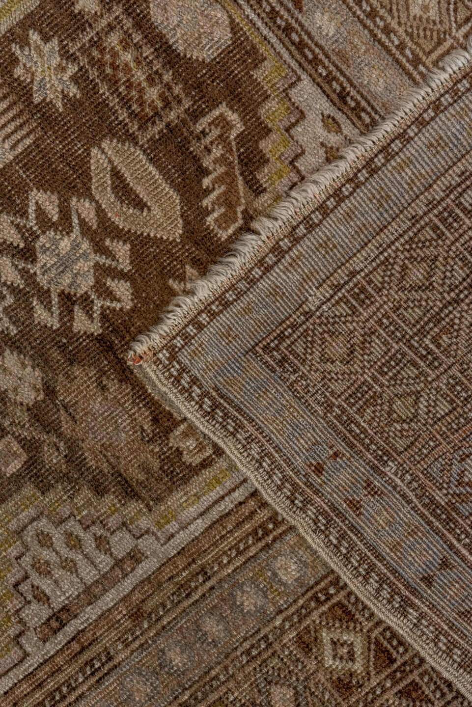 4' x 6' one-of-a-kind handmade vintage Caucasian small size rug. Color palette: brown, gray