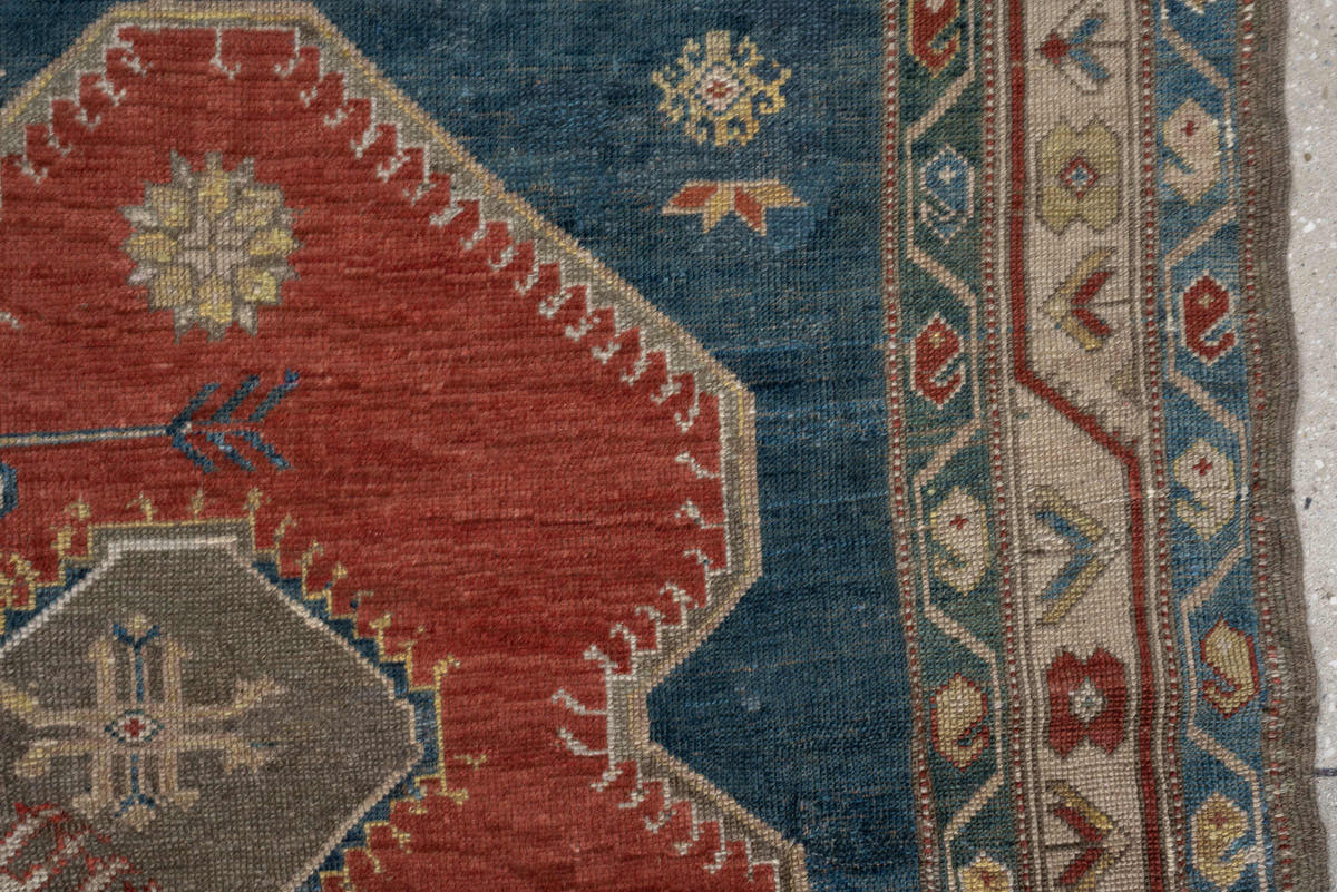 5' x 8' one-of-a-kind handmade antique Caucasian medium size rug. Color palette: teal, rust, ivory, taupe, terracotta, ochre