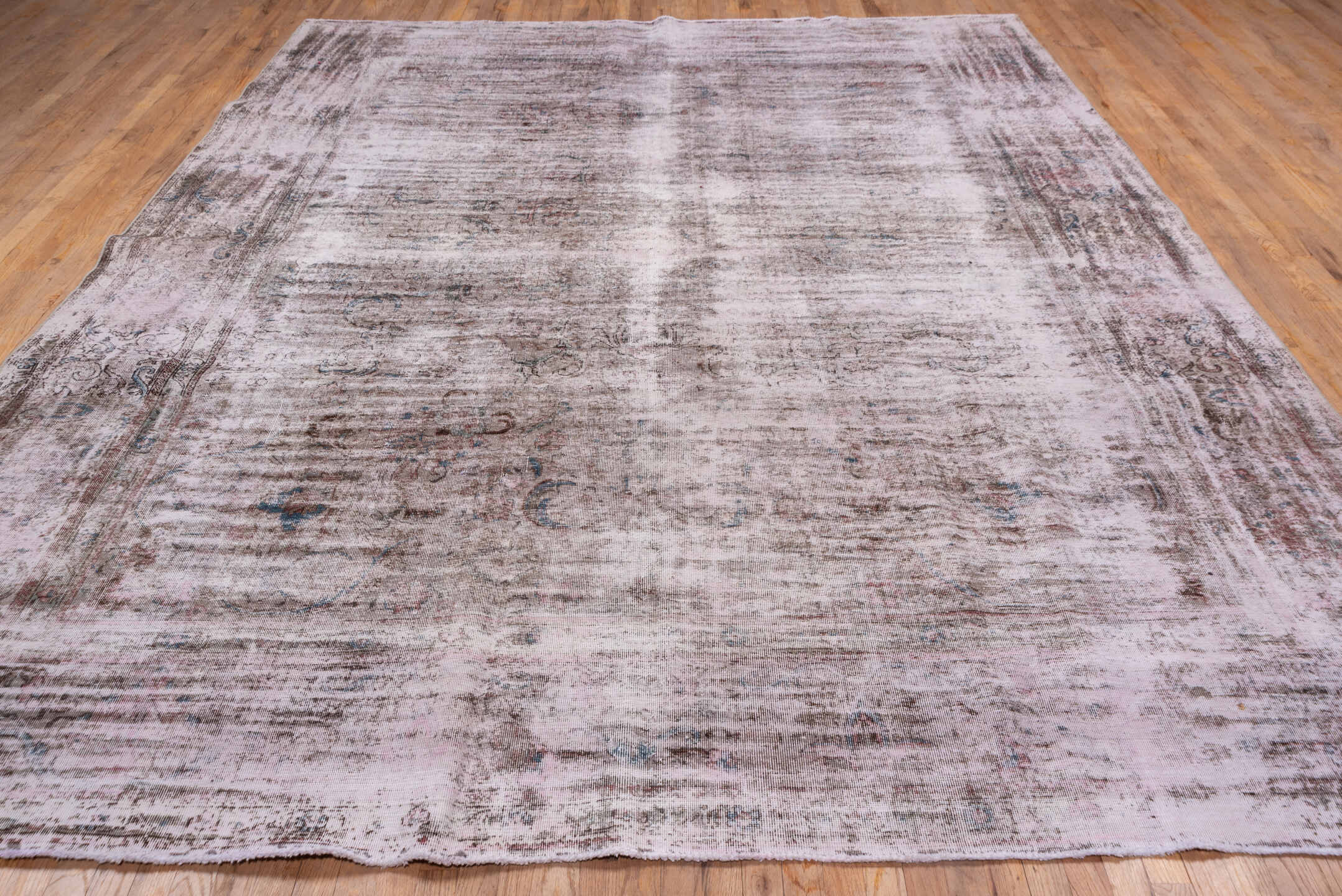 9' x 12' one-of-a-kind handmade vintage Overdyed large size rug. Color palette: blush, taupe, ivory, rose, brown, slate