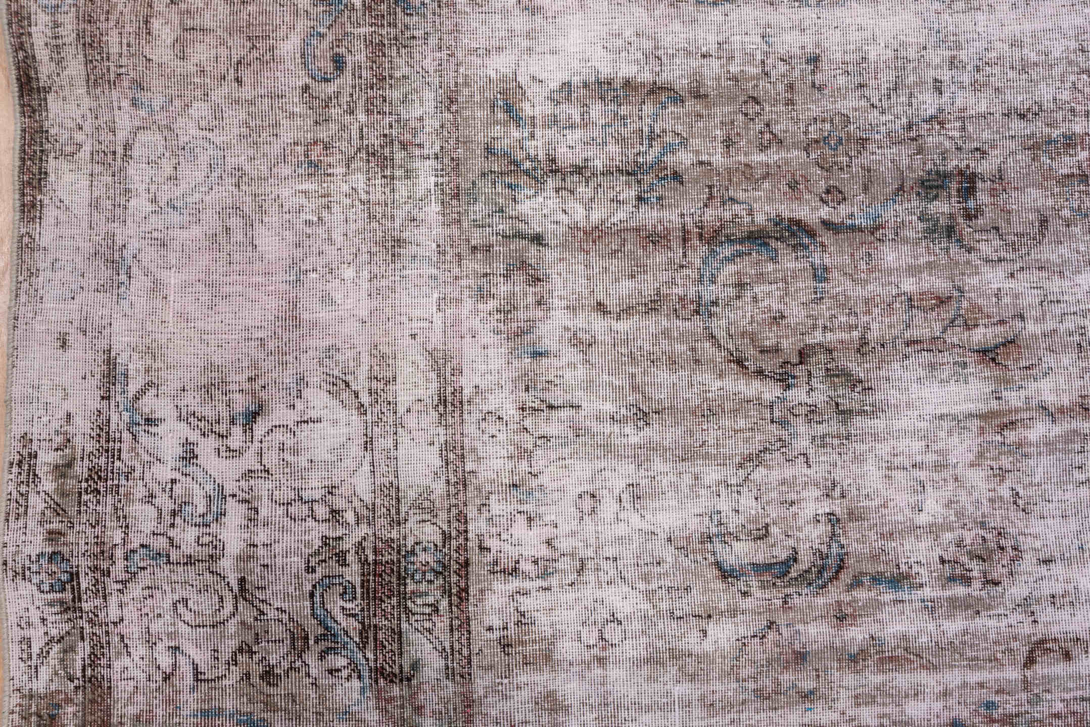9' x 12' one-of-a-kind handmade vintage Overdyed large size rug. Color palette: blush, taupe, ivory, rose, brown, slate
