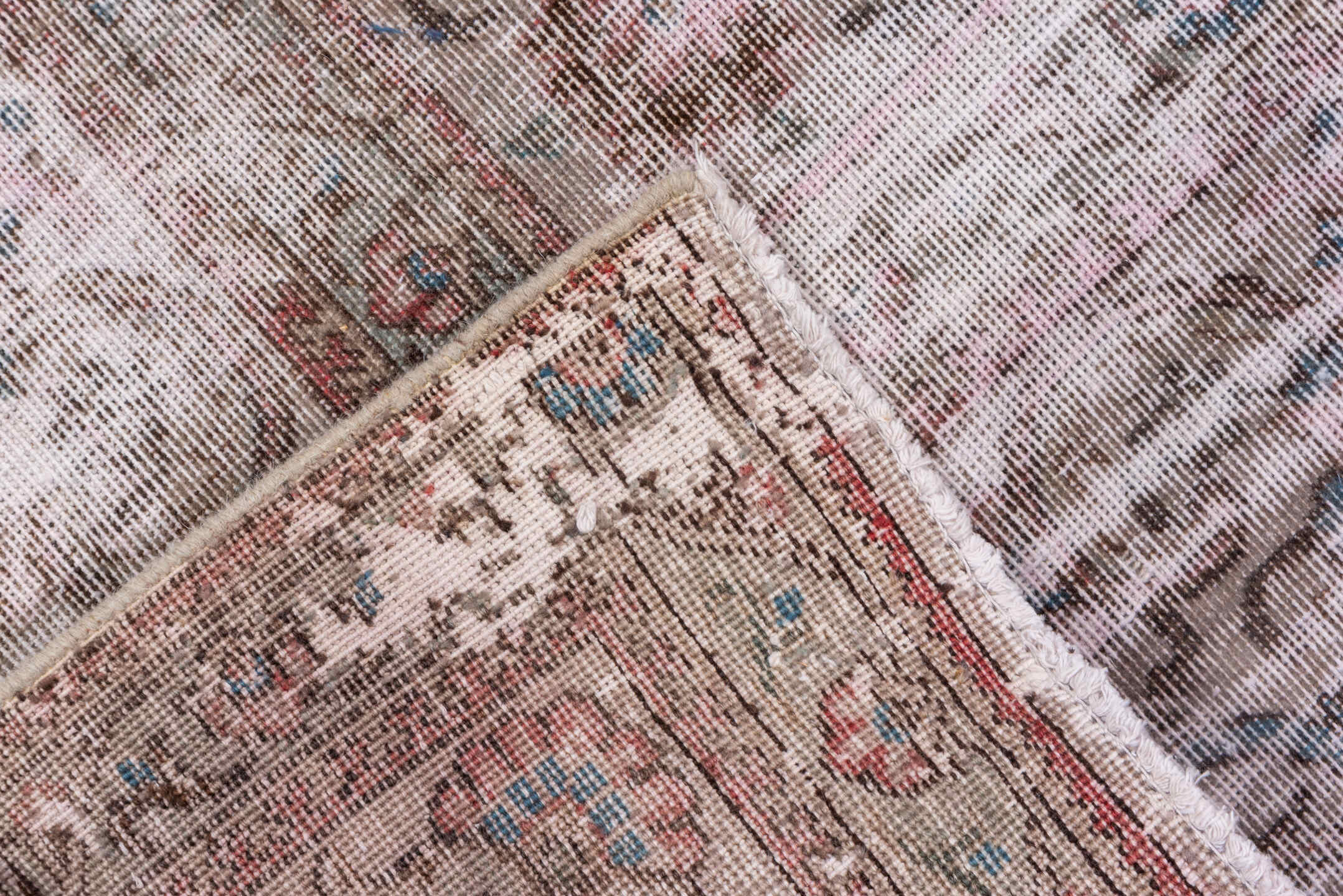 9' x 12' one-of-a-kind handmade vintage Overdyed large size rug. Color palette: blush, taupe, ivory, rose, brown, slate