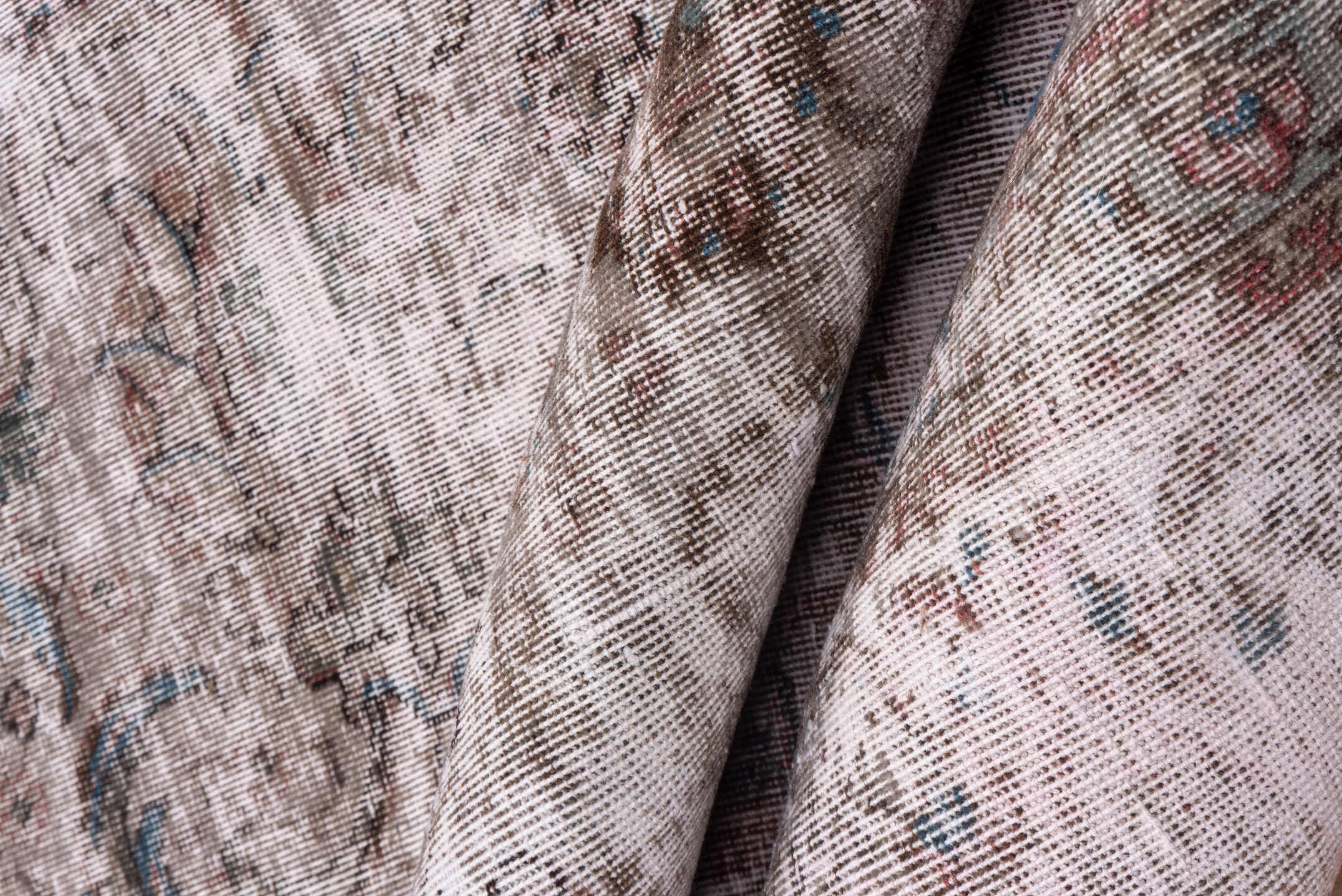 9' x 12' one-of-a-kind handmade vintage Overdyed large size rug. Color palette: blush, taupe, ivory, rose, brown, slate