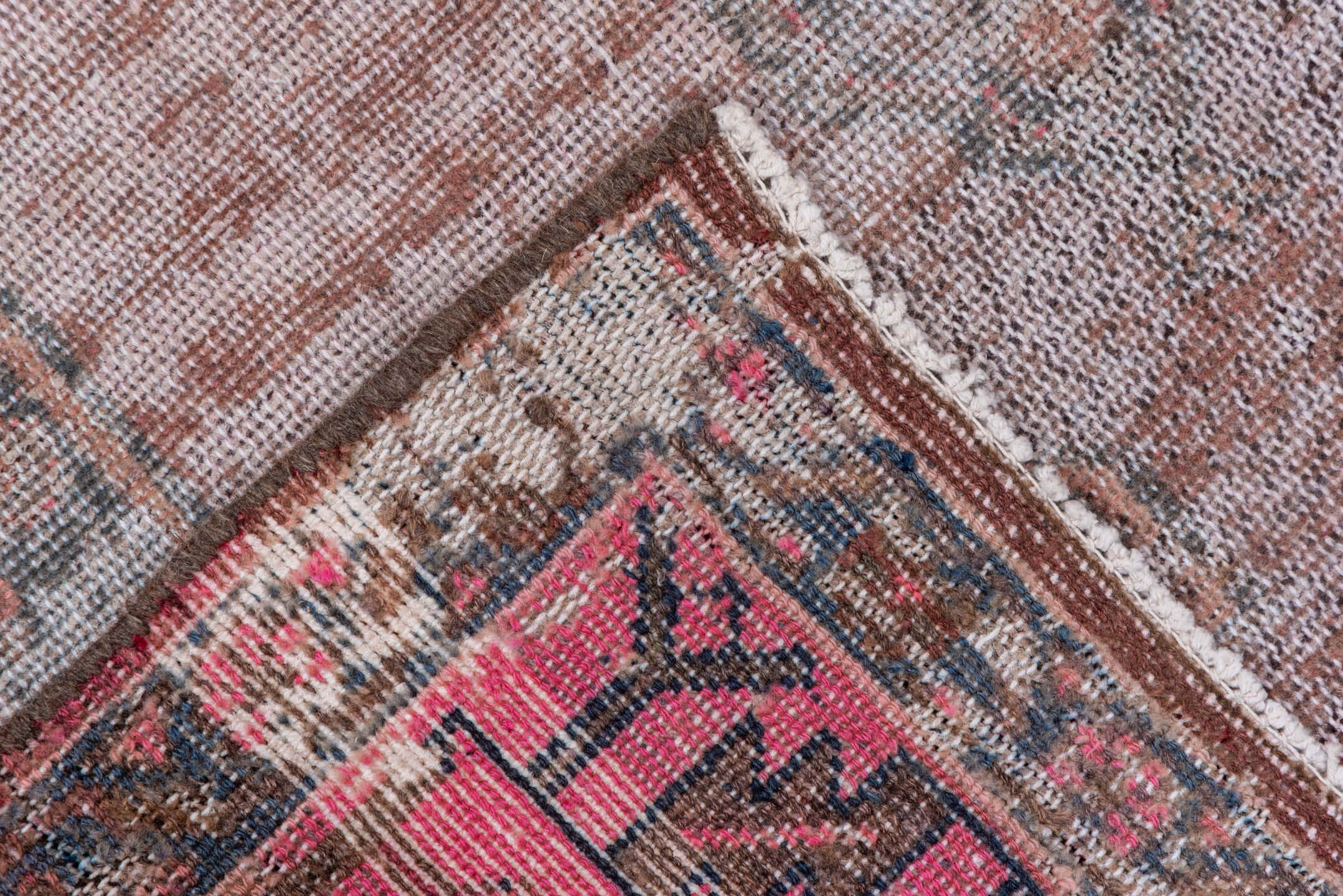 4' x 8' one-of-a-kind handmade vintage Overdyed rug. Color palette: ivory, blush, taupe, charcoal, rose, brown, pink, beige