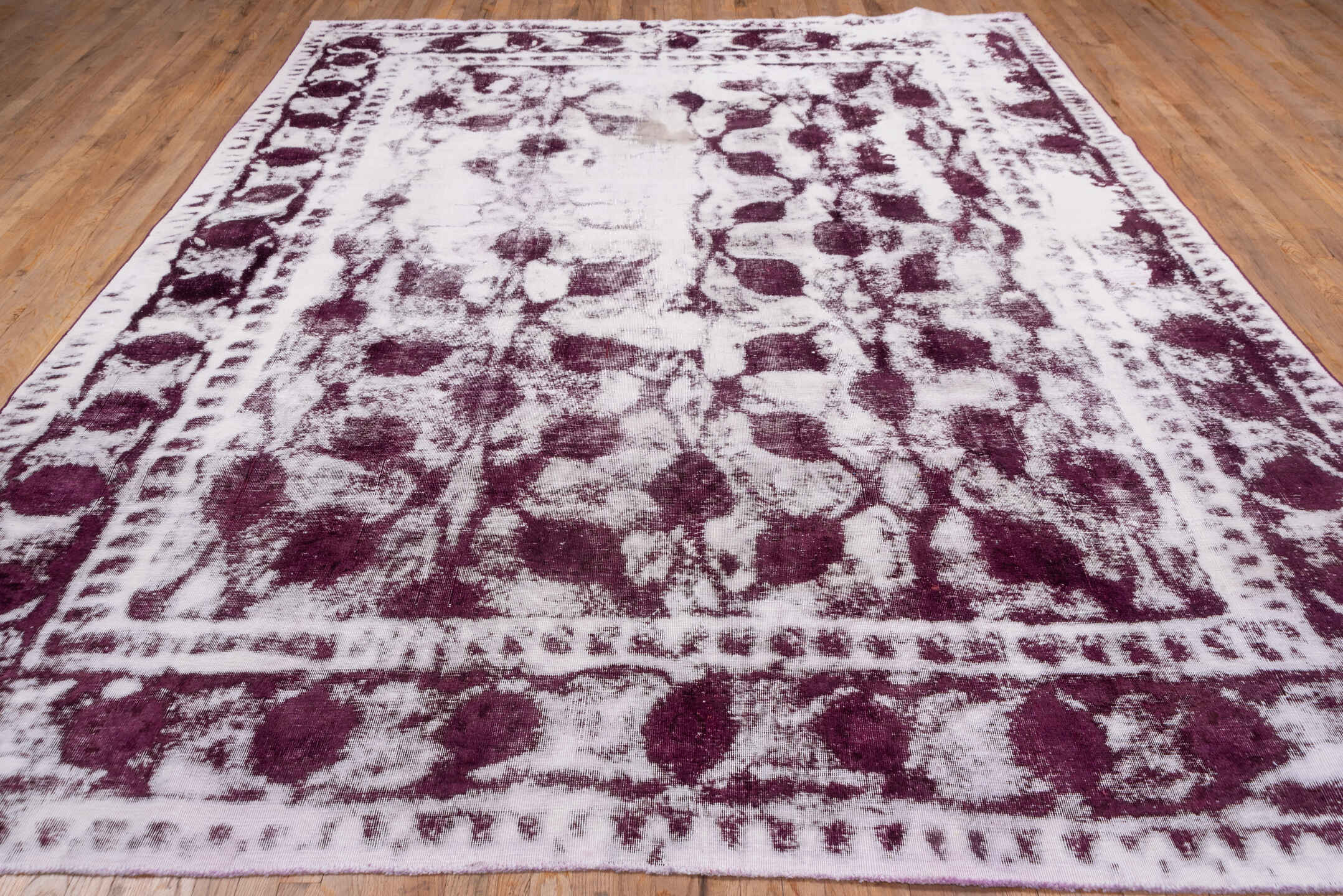 9' x 12' one-of-a-kind handmade vintage Overdyed large size rug. Color palette: ivory, plum, rose, taupe, pink, purple, red
