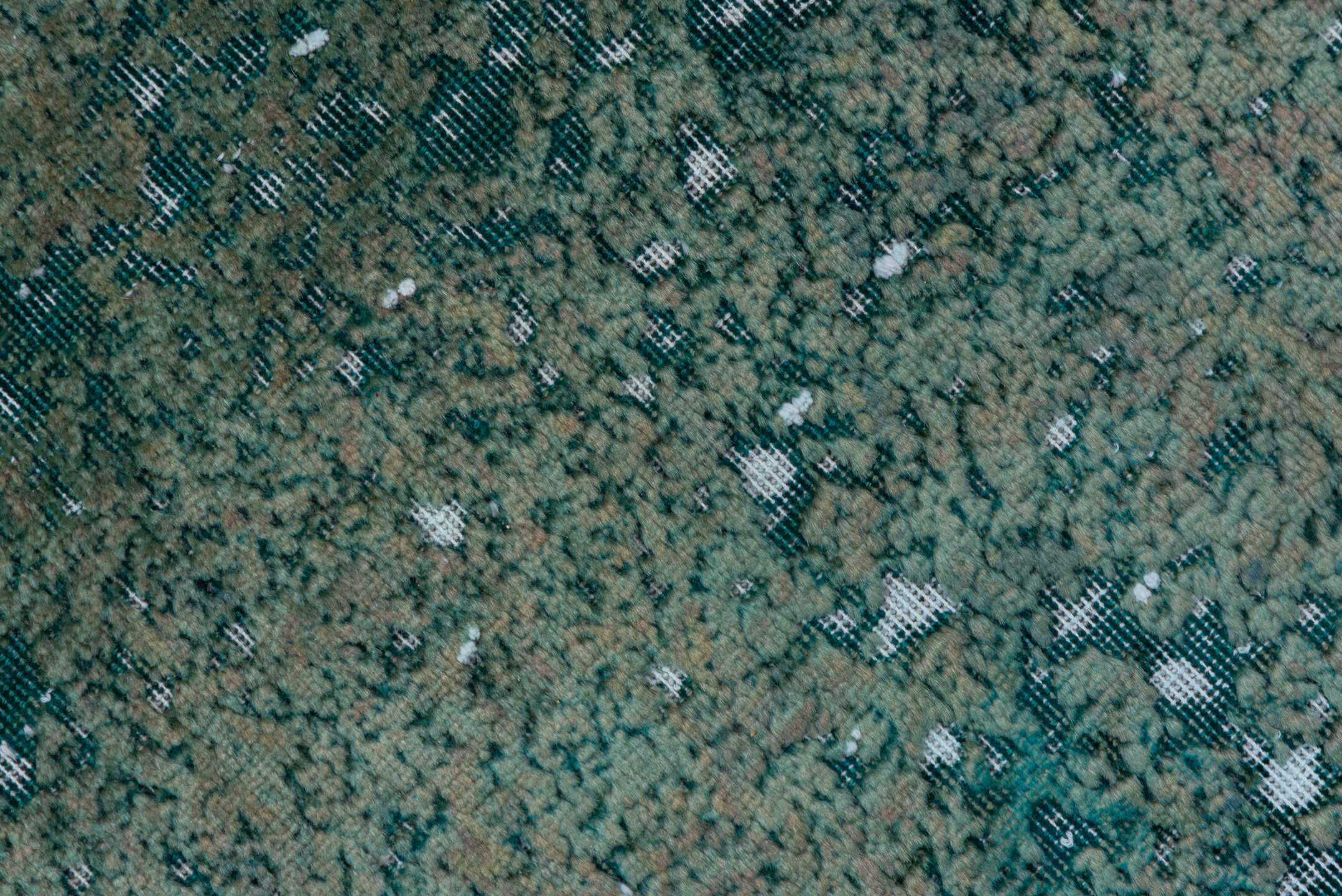7' x 11' one-of-a-kind handmade vintage Overdyed large size rug. Color palette: sage, seafoam, ivory, teal, green