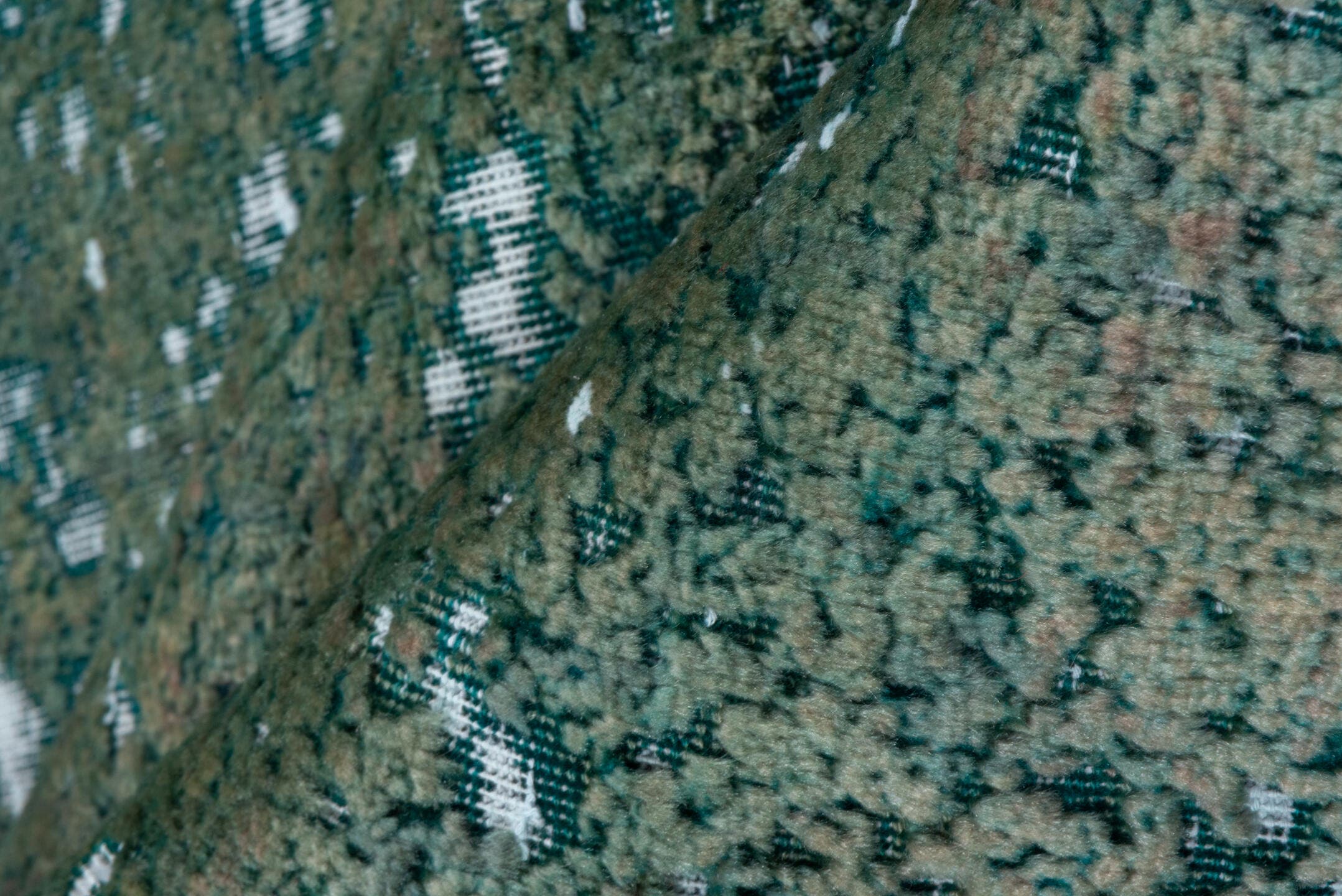 7' x 11' one-of-a-kind handmade vintage Overdyed large size rug. Color palette: sage, seafoam, ivory, teal, green