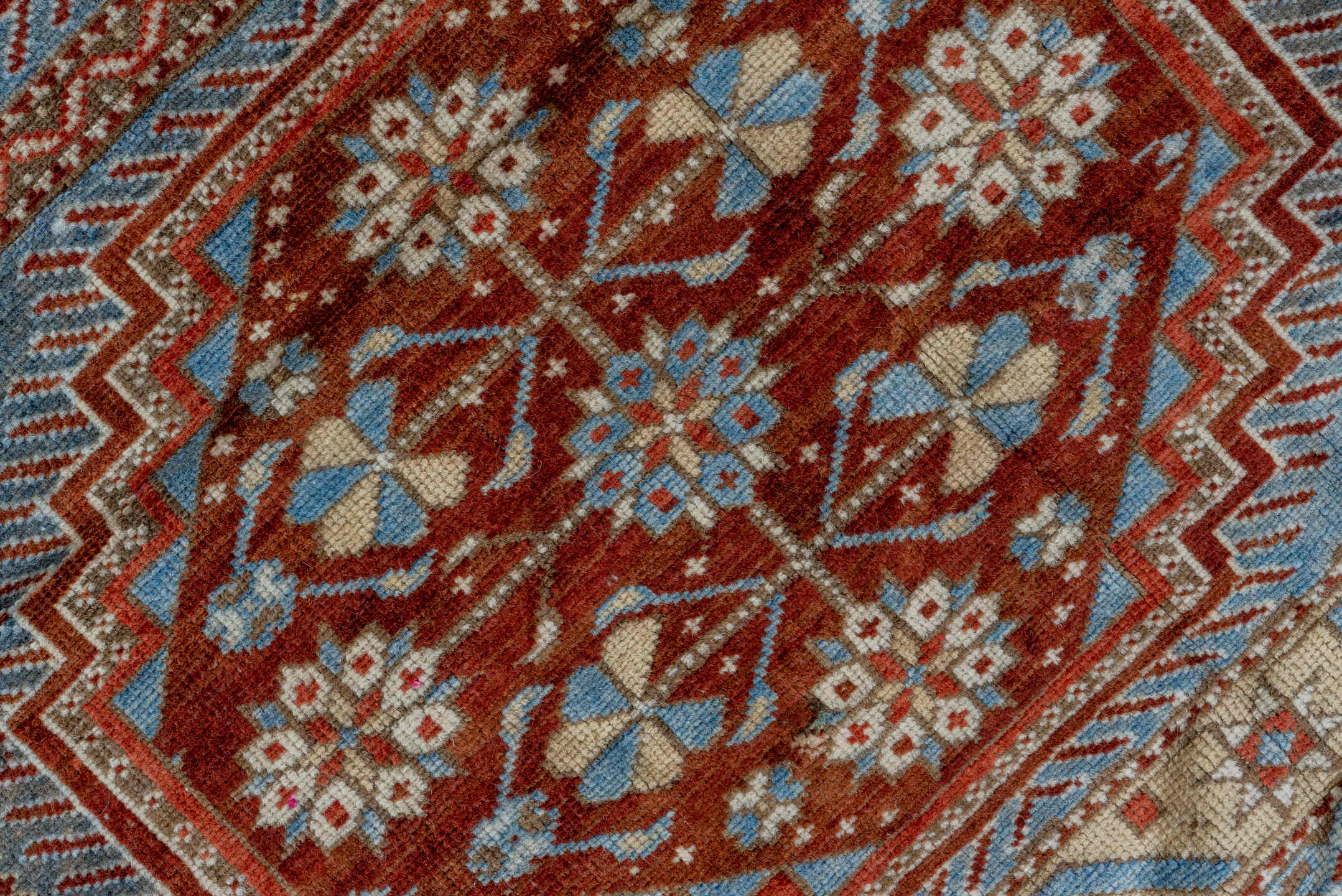3' x 5' one-of-a-kind handmade antique Shirvan small size rug. Color palette: sky blue, rust, brown, ivory, slate, camel