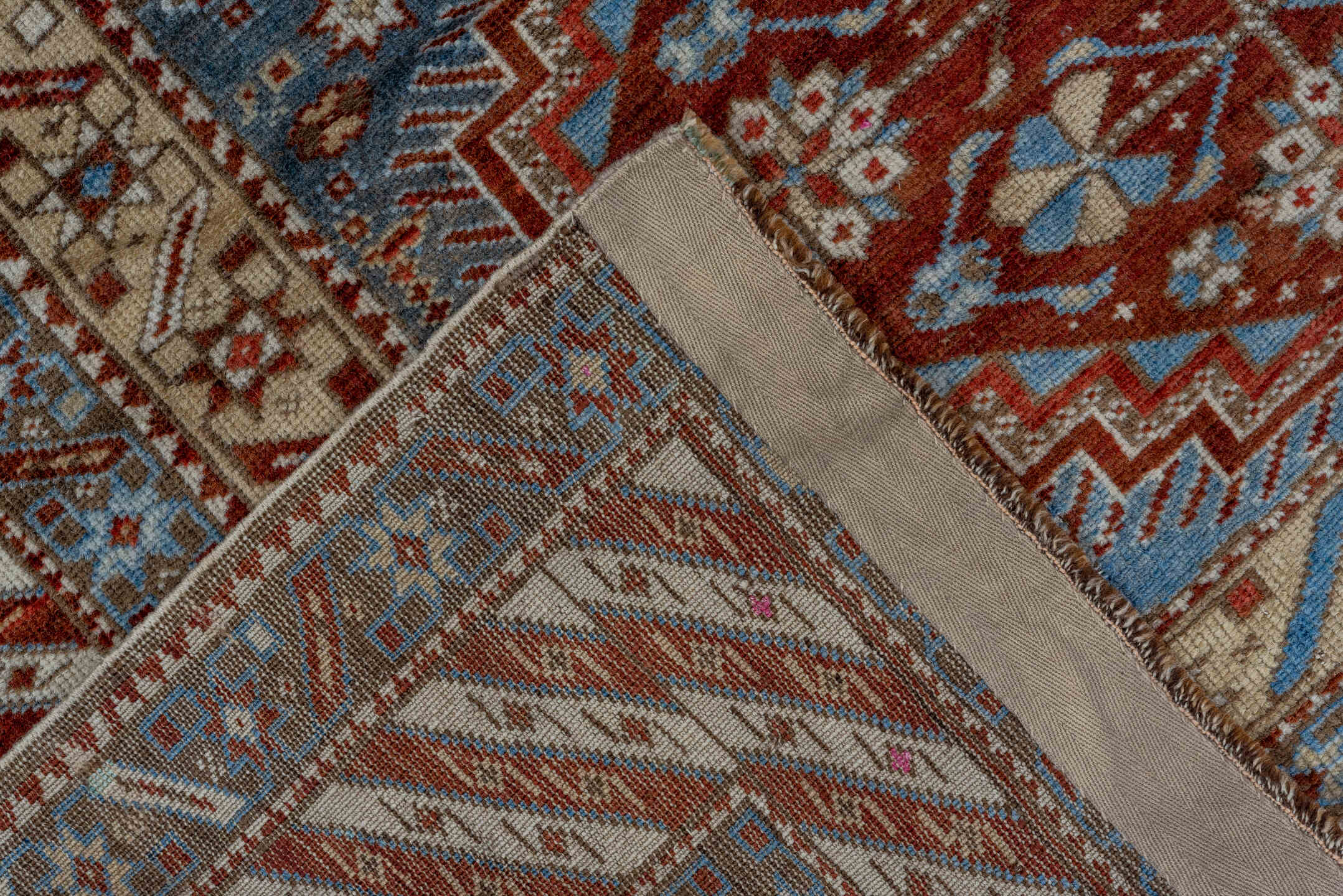 3' x 5' one-of-a-kind handmade antique Shirvan small size rug. Color palette: sky blue, rust, brown, ivory, slate, camel