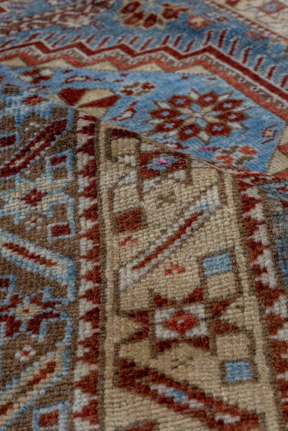 3' x 5' one-of-a-kind handmade antique Shirvan small size rug. Color palette: sky blue, rust, brown, ivory, slate, camel
