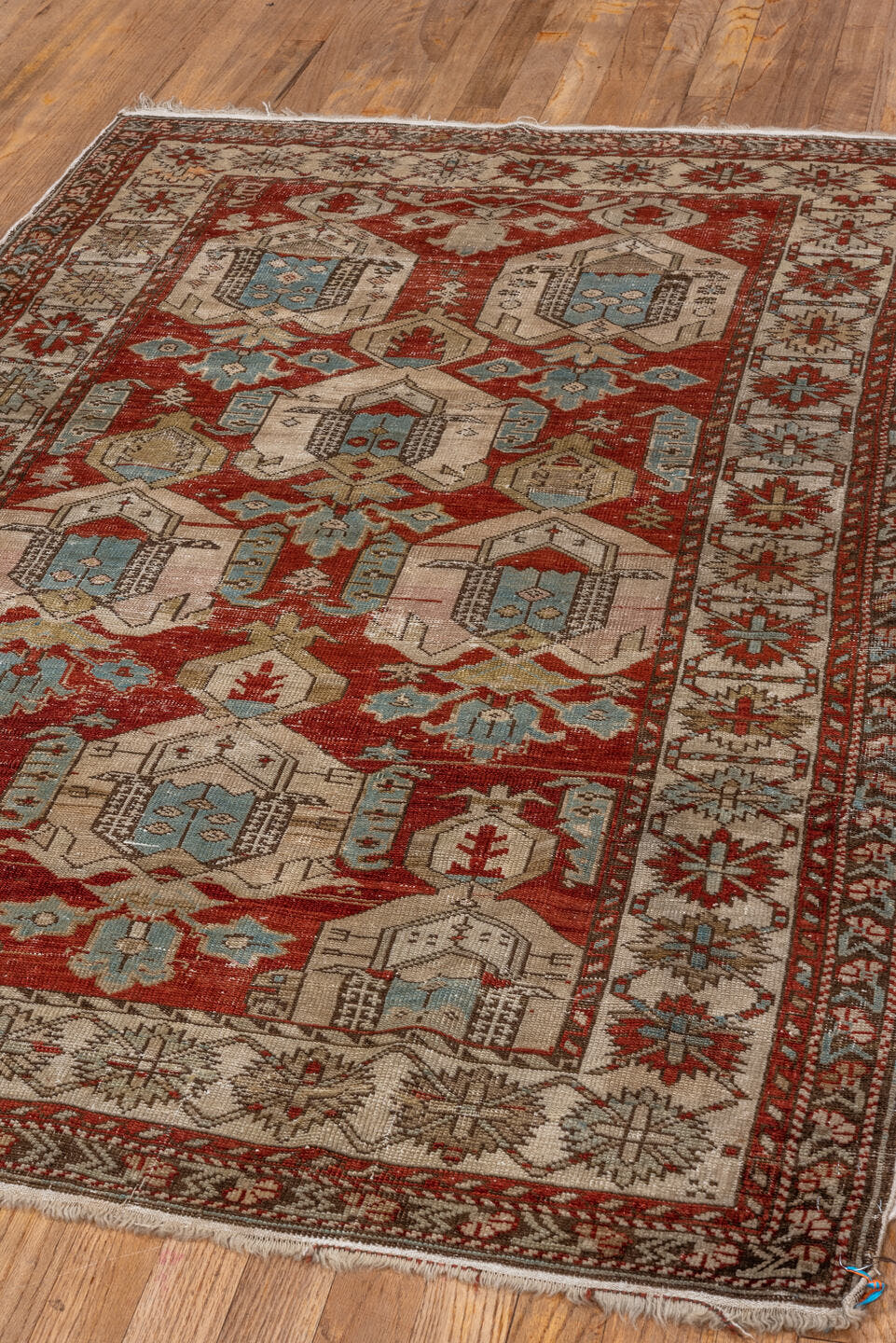 3' x 5' one-of-a-kind handmade antique Shirvan small size rug. Color palette: rust, ivory, sky blue, brown, taupe, camel