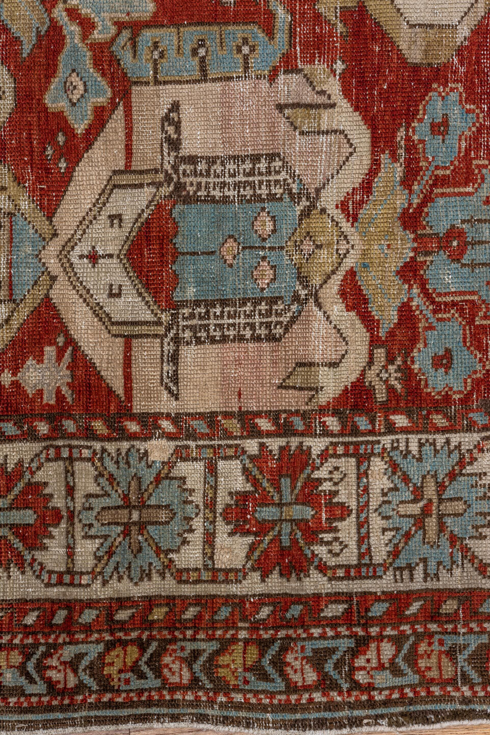 3' x 5' one-of-a-kind handmade antique Shirvan small size rug. Color palette: rust, ivory, sky blue, brown, taupe, camel
