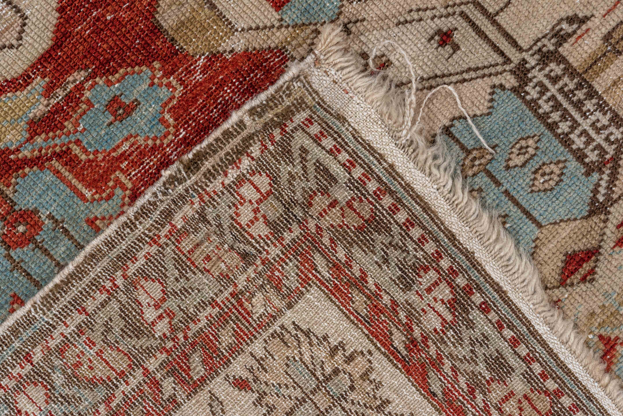 3' x 5' one-of-a-kind handmade antique Shirvan small size rug. Color palette: rust, ivory, sky blue, brown, taupe, camel