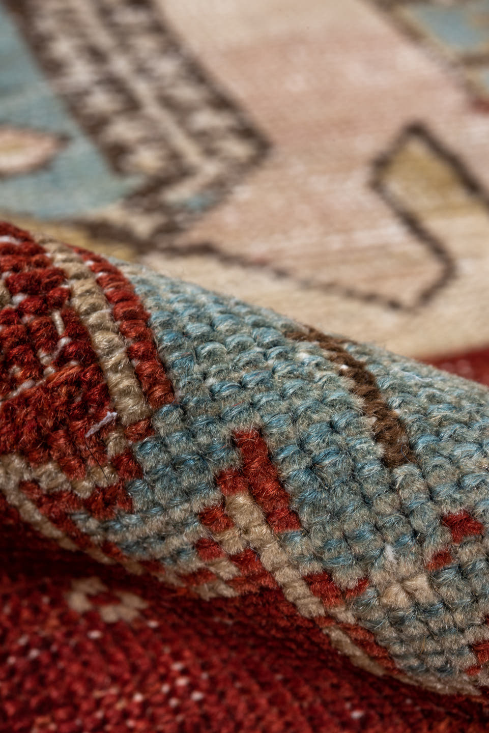 3' x 5' one-of-a-kind handmade antique Shirvan small size rug. Color palette: rust, ivory, sky blue, brown, taupe, camel