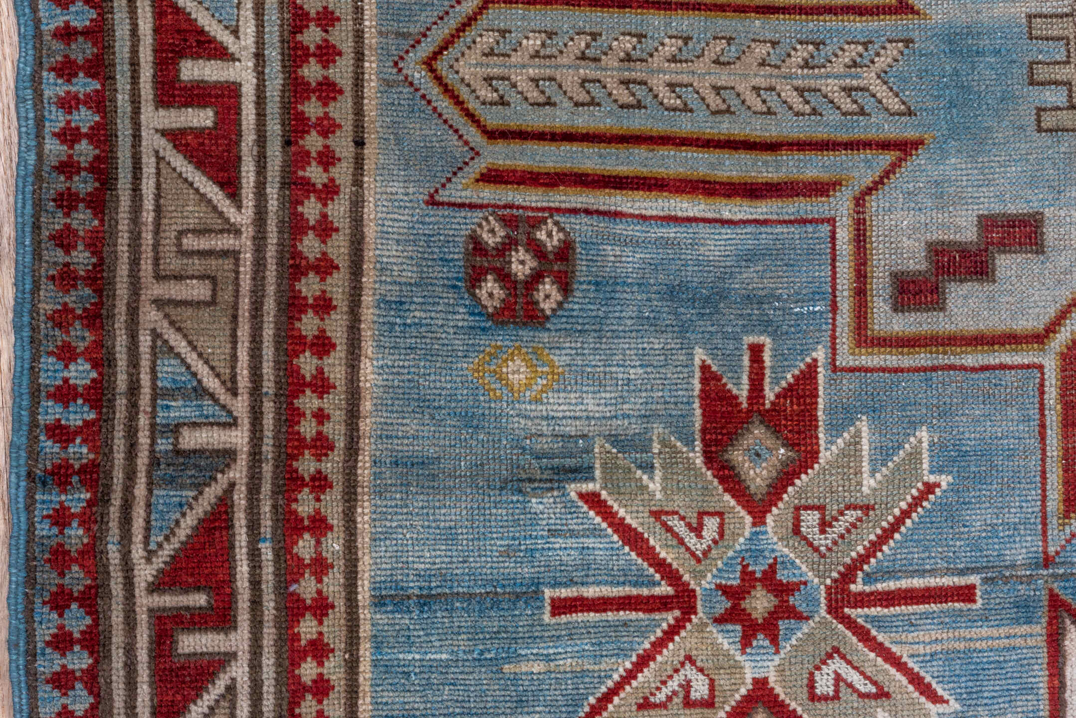 3' x 5' one-of-a-kind handmade antique Shirvan small size rug. Color palette: sky blue, ivory, crimson, burgundy, camel