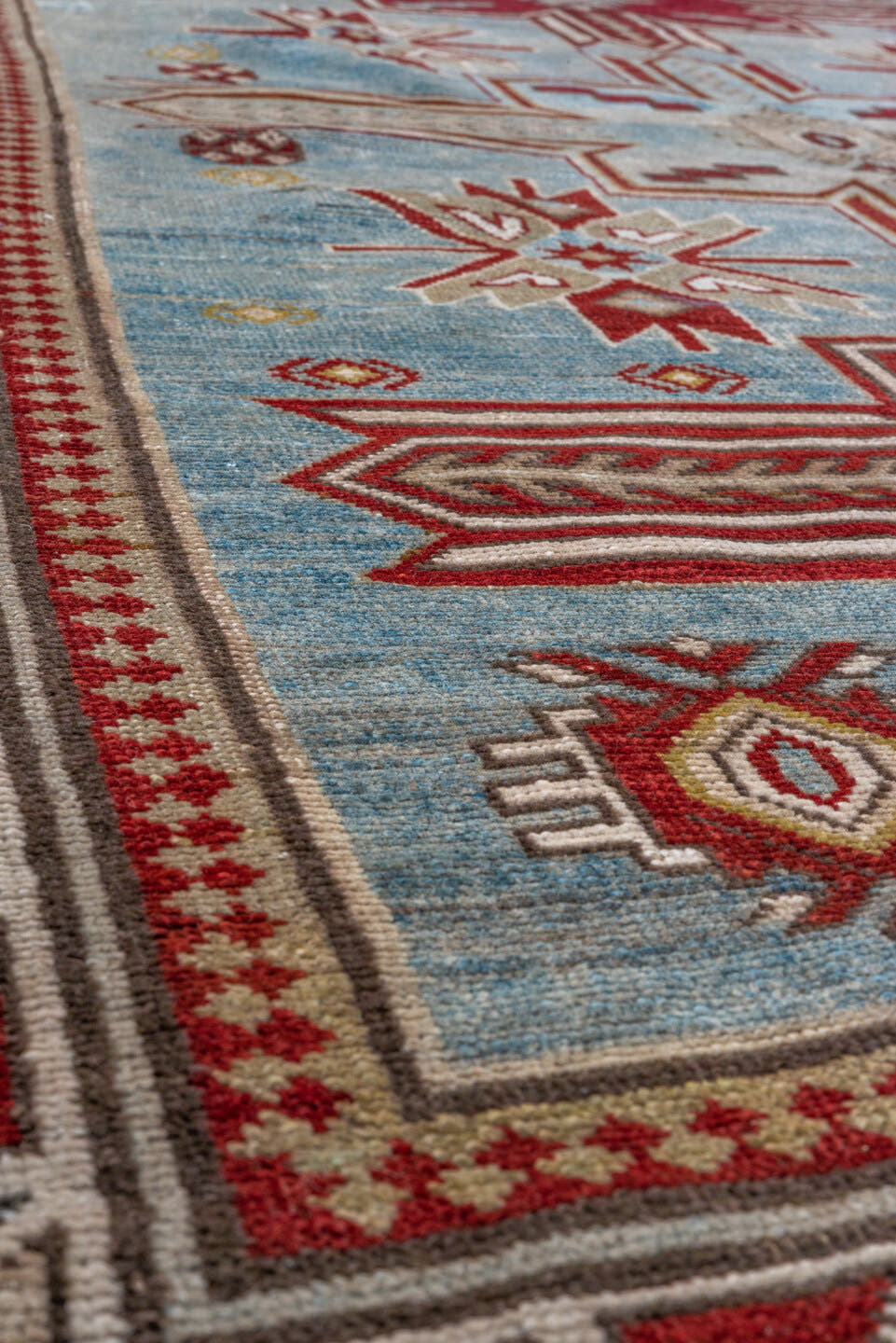 3' x 5' one-of-a-kind handmade antique Shirvan small size rug. Color palette: sky blue, ivory, crimson, burgundy, camel