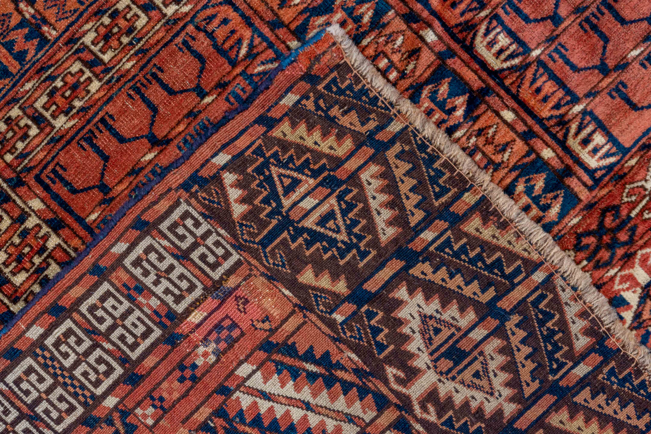 4' x 4' one-of-a-kind handmade antique Torkaman small size rug. Color palette: rust, burgundy, ivory, camel, charcoal