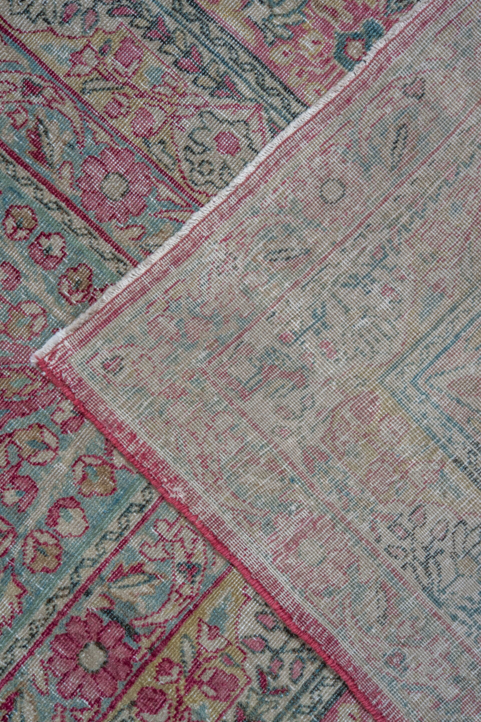 10' x 15' one-of-a-kind handmade antique Lavar rug. Color palette: rose, crimson, ivory, pale blue, sage, taupe, burgundy