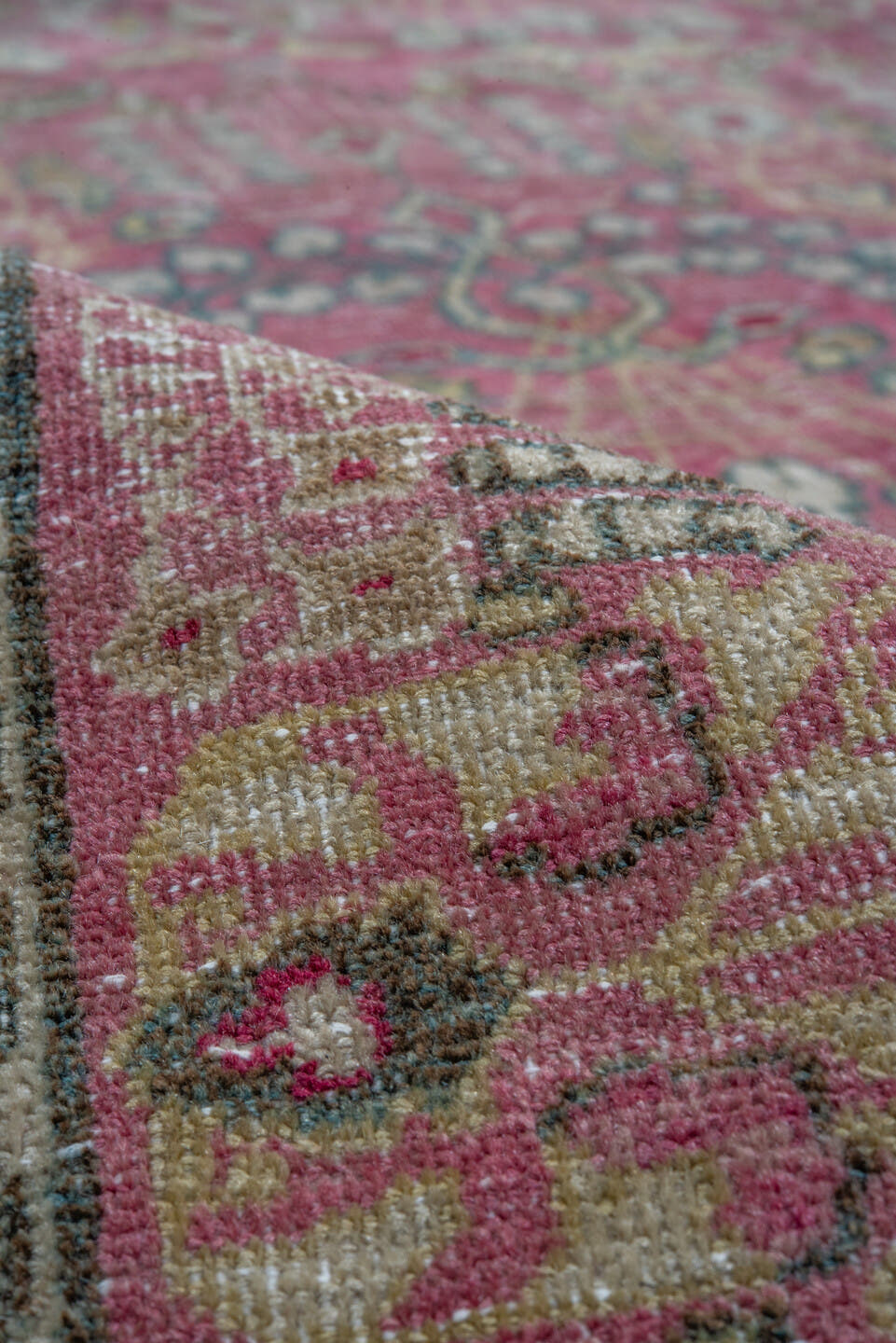10' x 15' one-of-a-kind handmade antique Lavar rug. Color palette: rose, crimson, ivory, pale blue, sage, taupe, burgundy