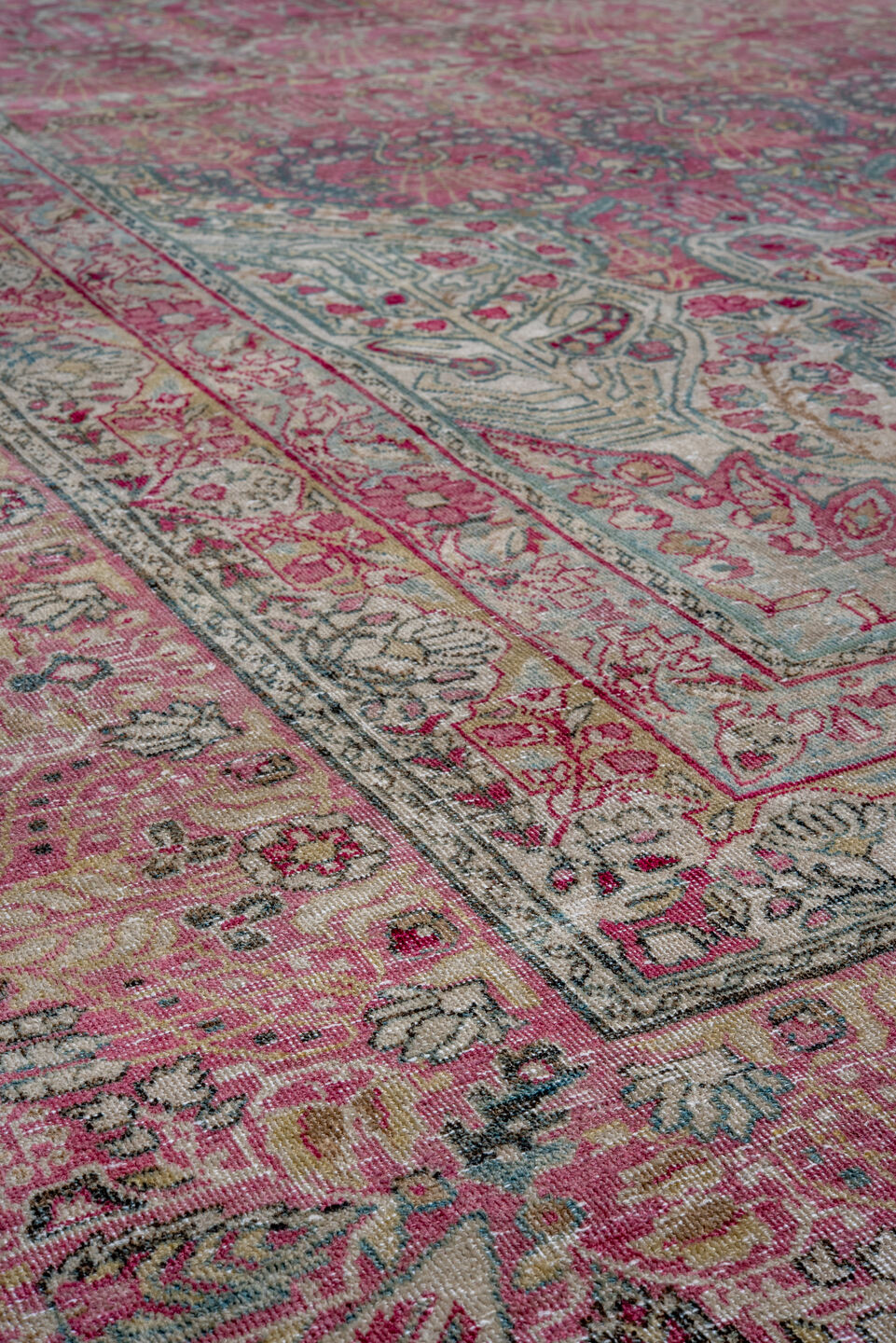 10' x 15' one-of-a-kind handmade antique Lavar rug. Color palette: rose, crimson, ivory, pale blue, sage, taupe, burgundy