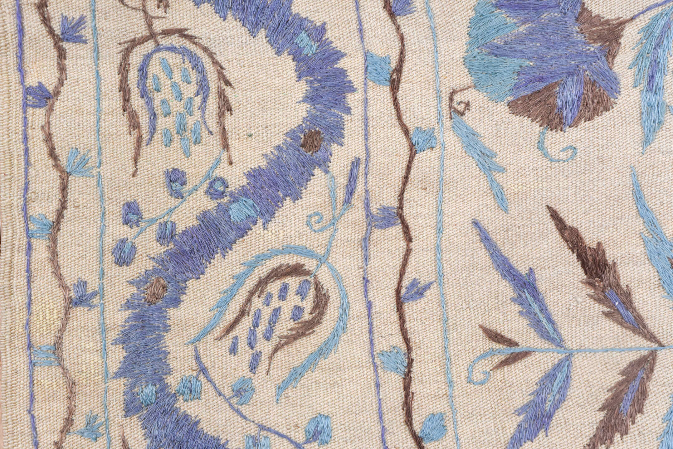 4' x 5' one-of-a-kind handmade vintage Kilim small size rug. Color palette: ivory, sky blue, lavender, taupe, brown