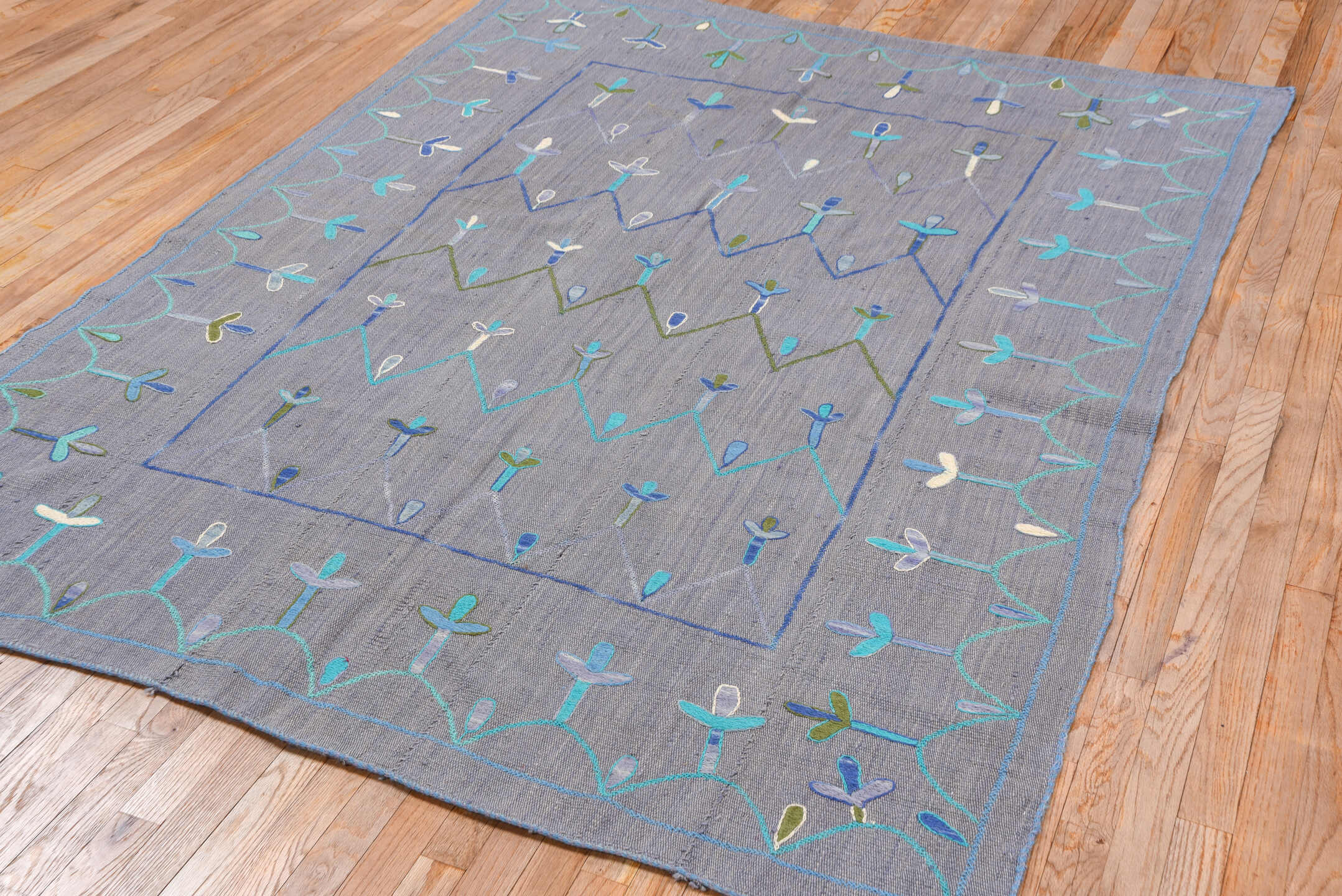 5' x 7' one-of-a-kind handmade vintage Kilim rug. Color palette: blue, dark gray, gainsboro, gray, light blue, light gray