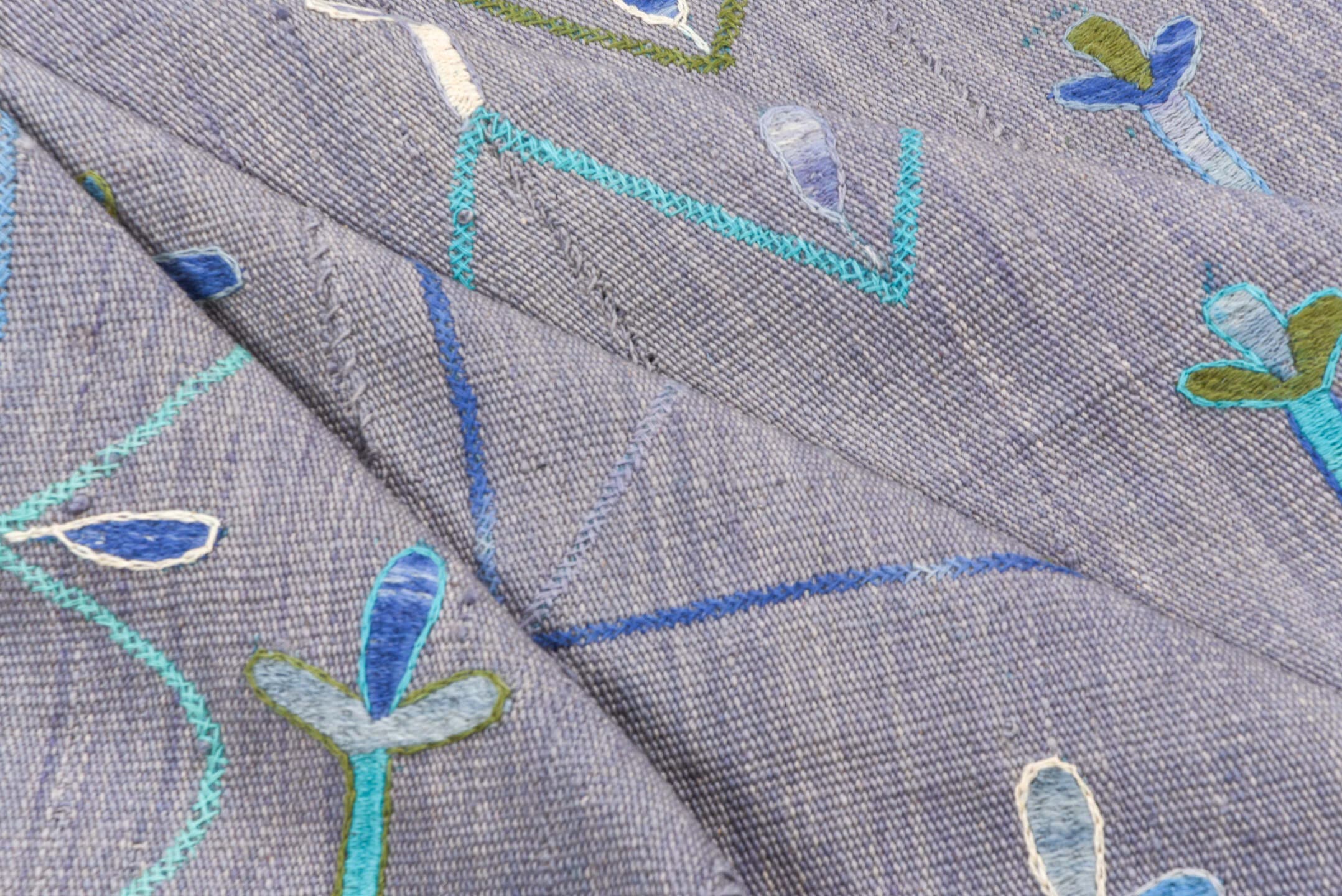 5' x 7' one-of-a-kind handmade vintage Kilim rug. Color palette: lavender, turquoise, sky_blue, ivory, olive, slate